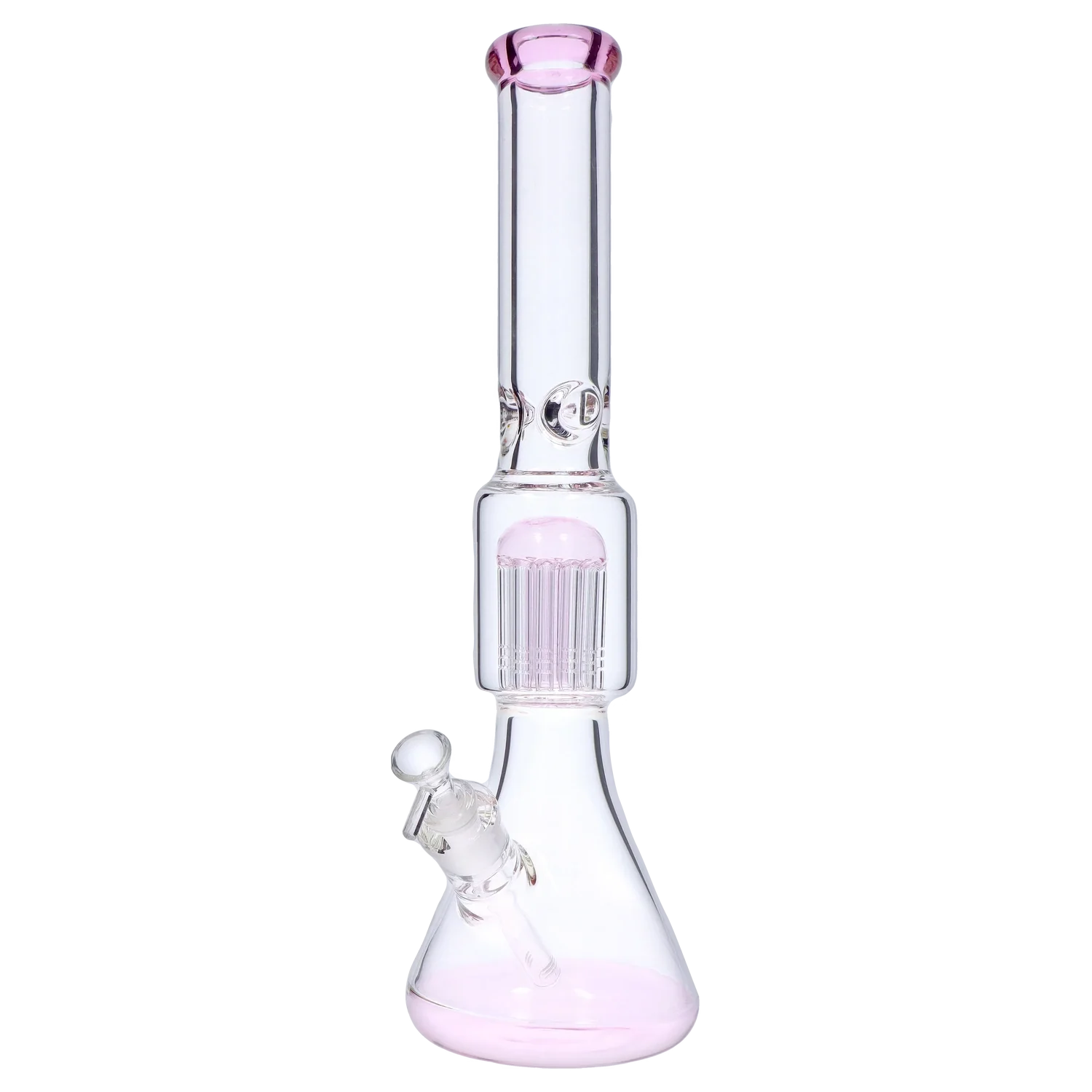 Front view of the 18-inch DankStop Beaker w/ Tree Perc Water Pipe, showcasing its clear glass construction and cylindrical shape.