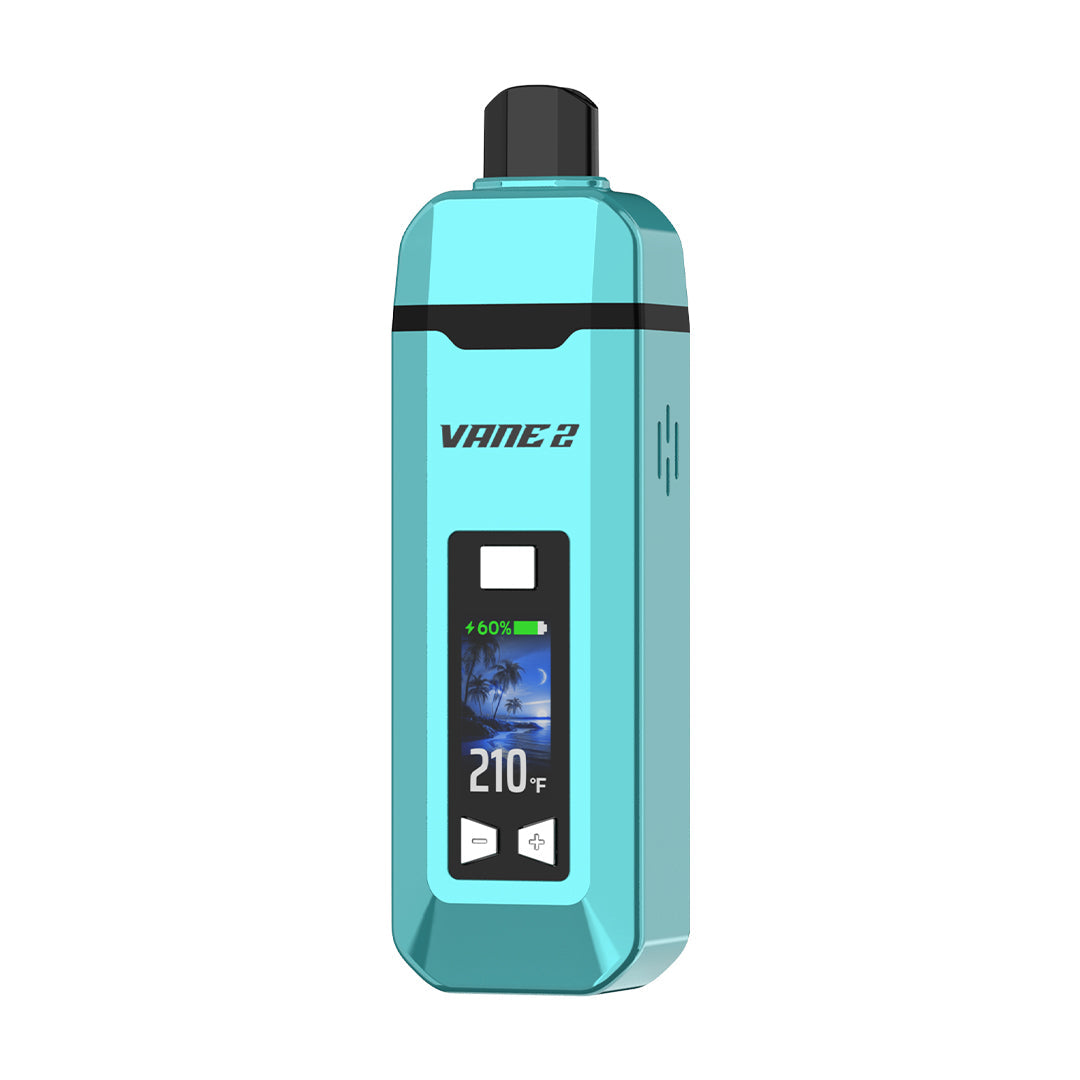 Front view of the Yocan Vane 2 Vaporizer, a sleek, rectangular device with a blue-tinted screen displaying a battery percentage.