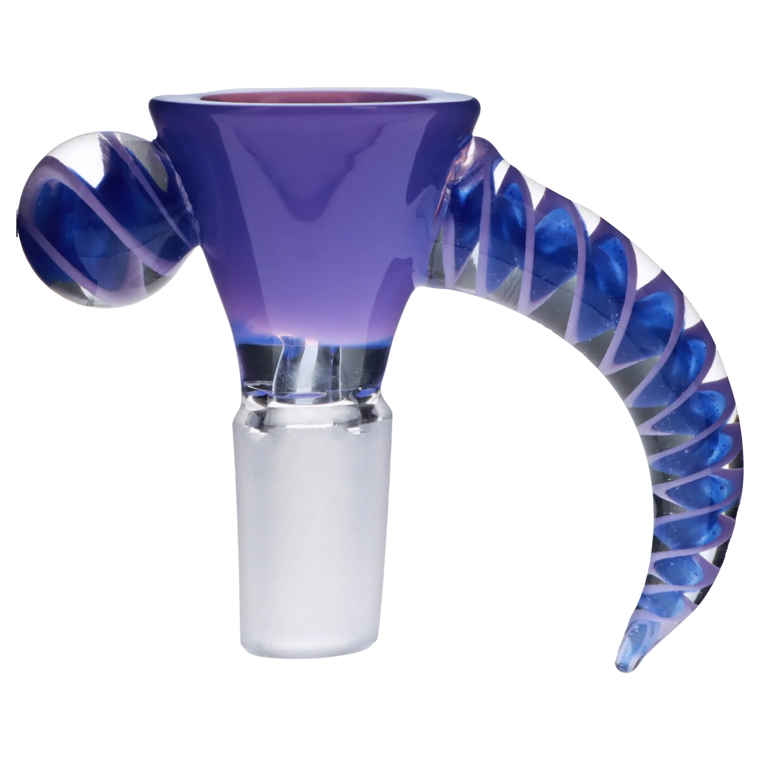 A close-up shot of the 14mm Horn Herb Bowl, displaying its blue glass construction and curved horn shape.