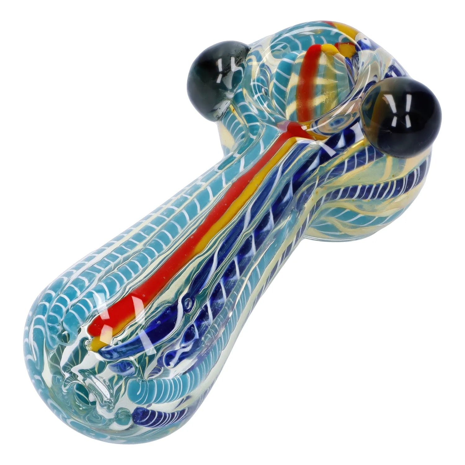 Front view of the 4.5-inch Twisted Fumed Pipe, displaying a colorful, fumed glass design with a curved mouthpiece.