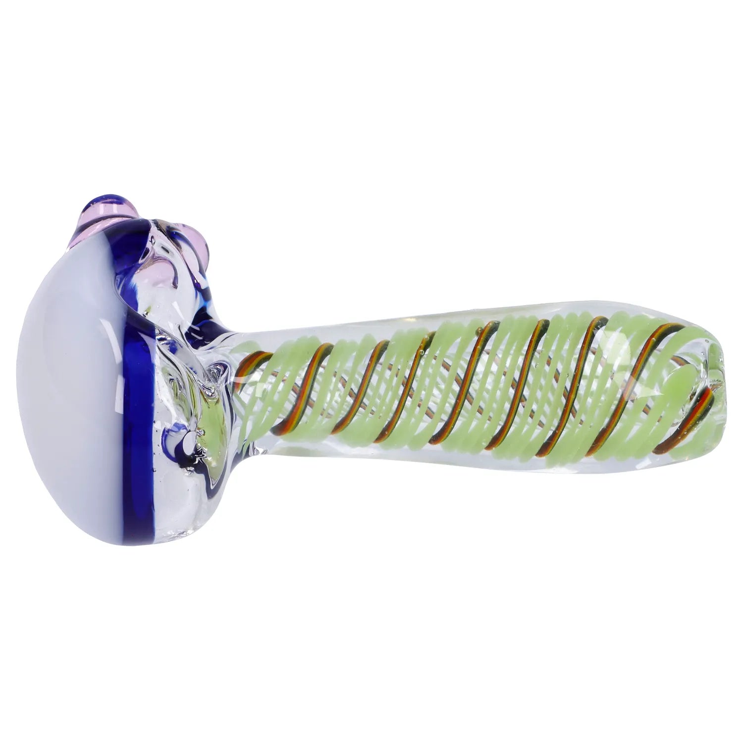 A side view of the 4.5-inch Swirling Double Blown Spoon Pipe, featuring a colorful, swirling glass design.