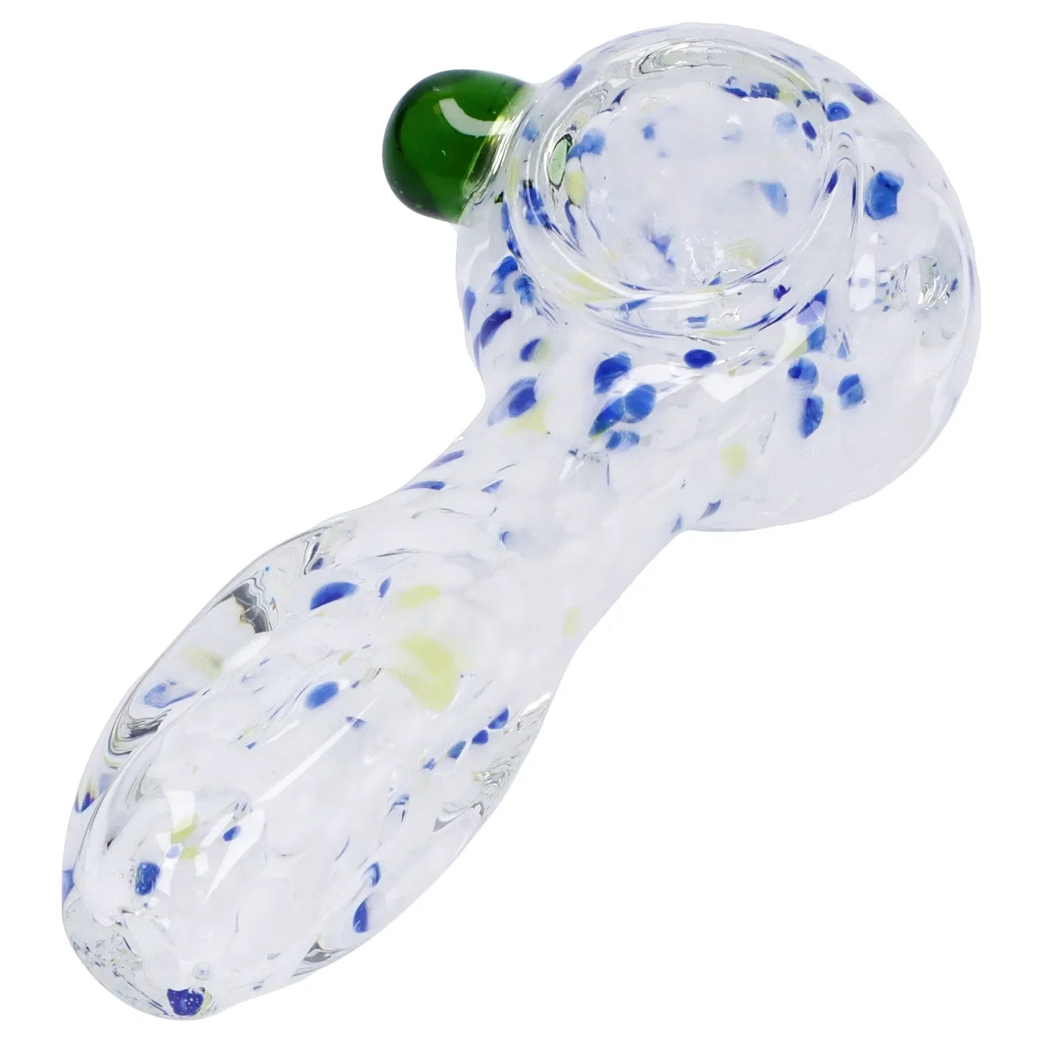 A close-up of the 3.5-inch Frit Glass with Square Mouth Pipe, showcasing its colorful, speckled glass design.