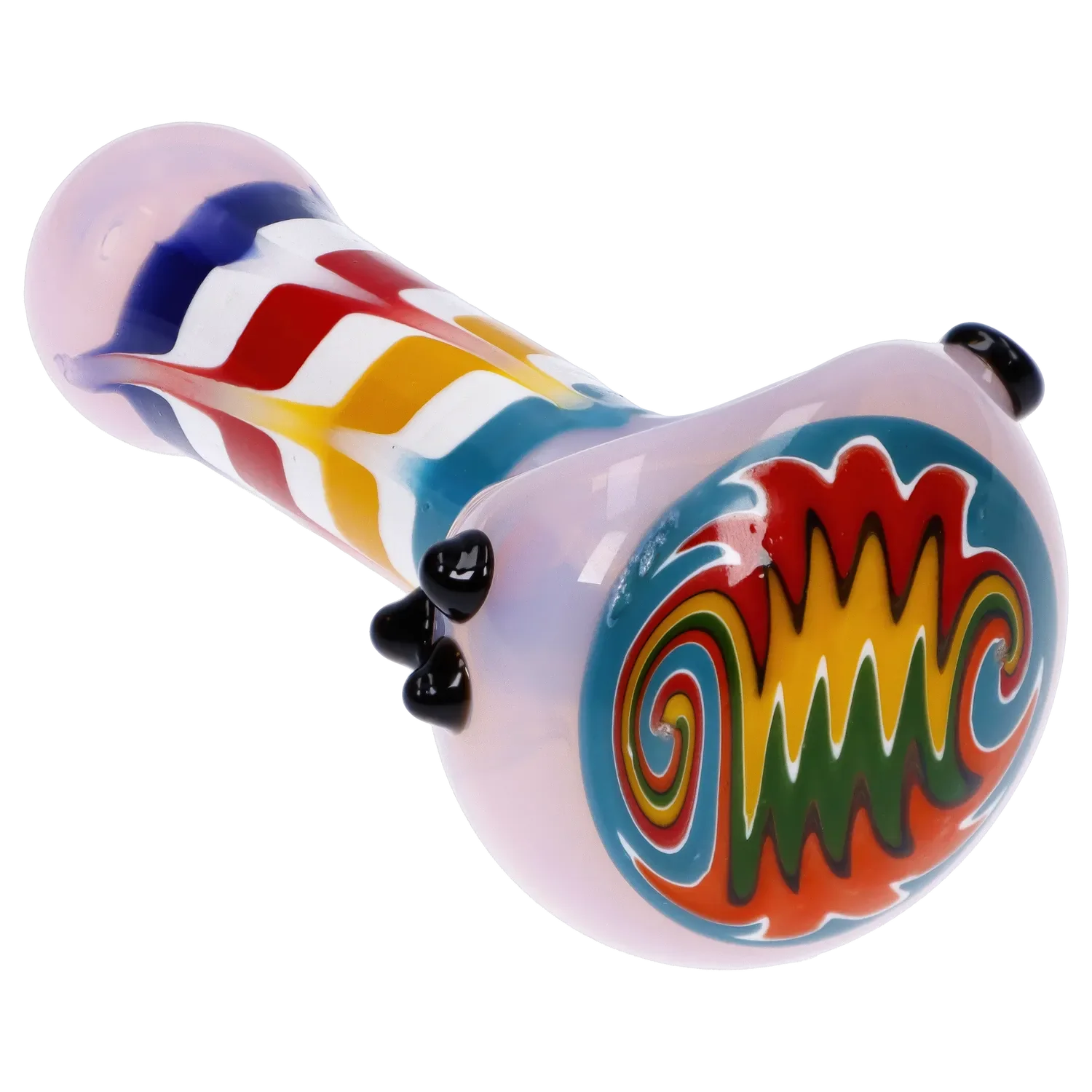 A close-up, angled view of the 4.5-inch Wig Wag Reversal Spoon Pipe, featuring vibrant color stripes against a plain white background.