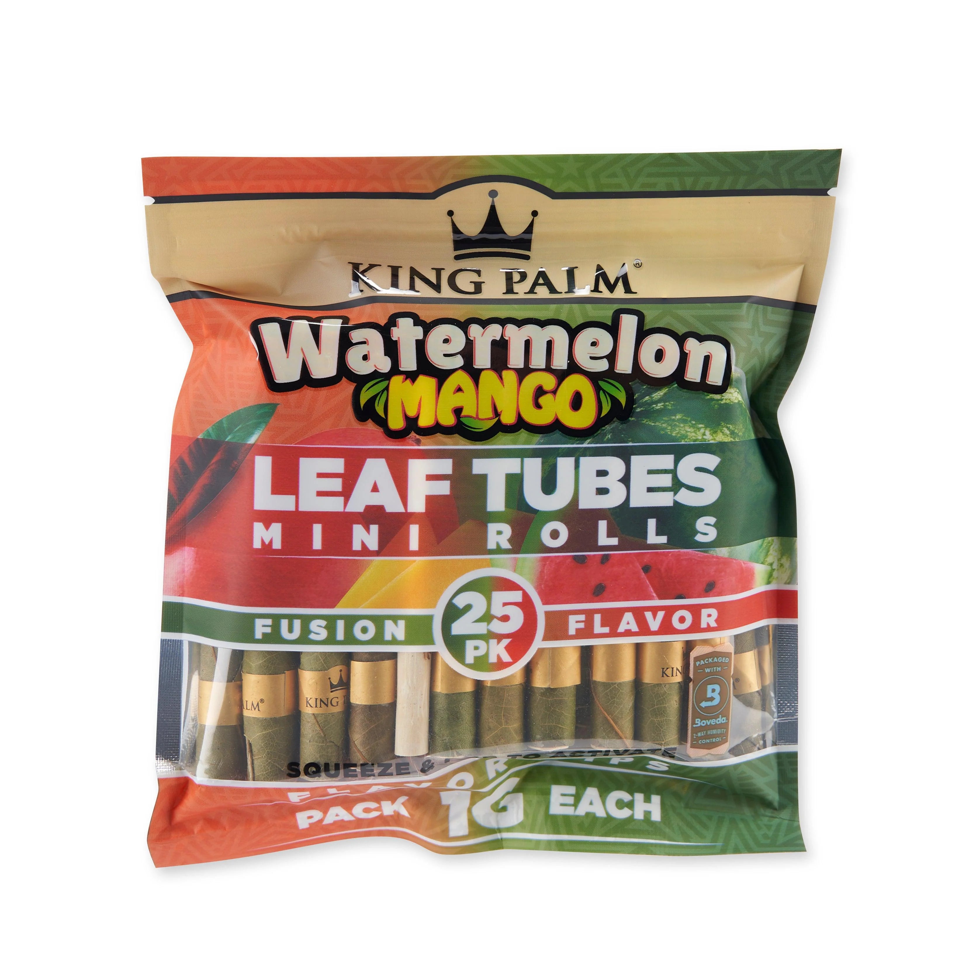 Front view of the King Palm Mini Flavored Pre Roll Leaf Tubes package, displaying the brand logo and colorful watermelon flavor text.