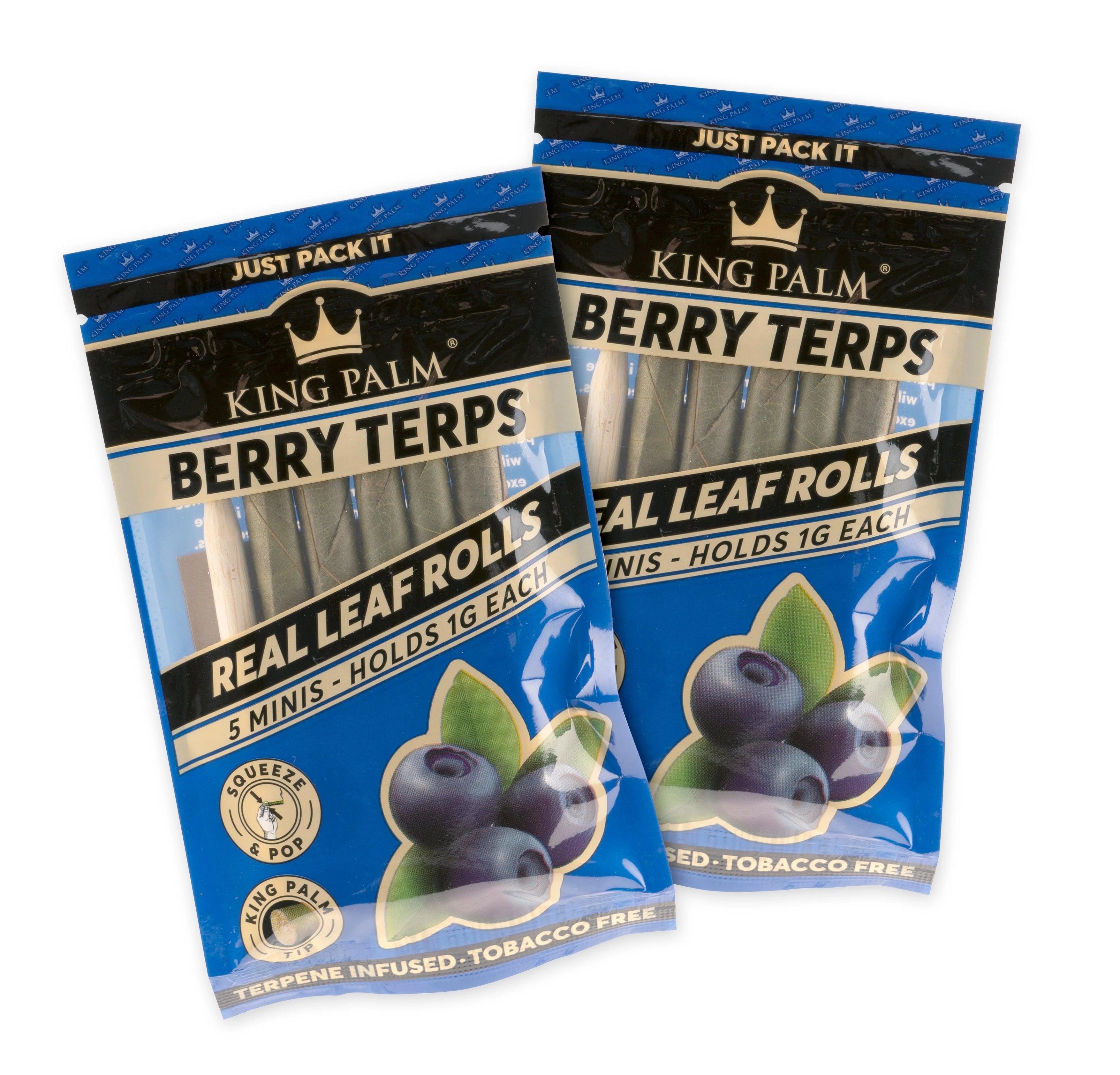 A close-up of two packs of Mini Flavor Pre Rolled Leaf Tubes, displaying vibrant berry branding on a dark blue background.