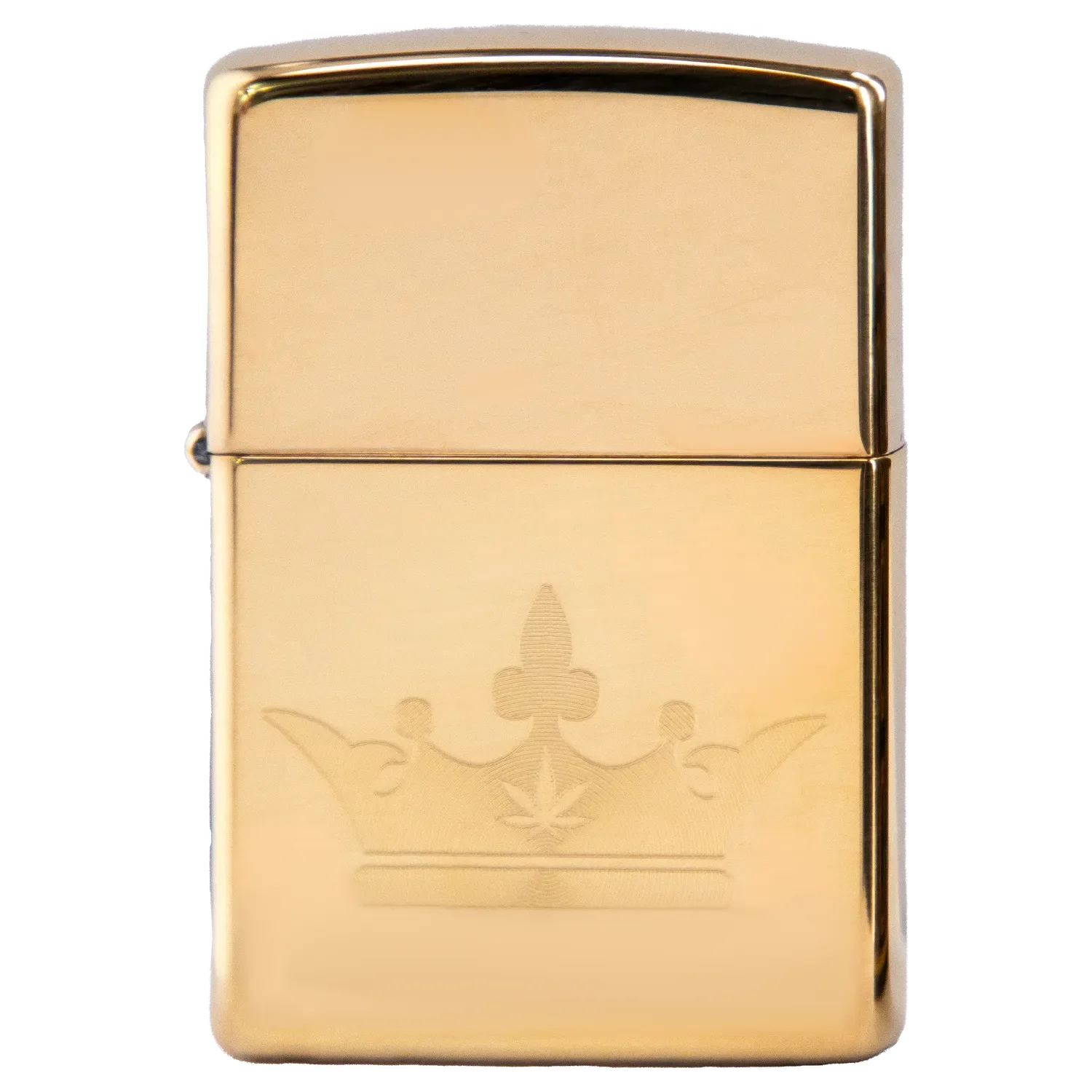 Front view of the Queen of Bud Golden Majesty Zippo, showing a shiny, gold-toned lighter with a classic rectangular design.