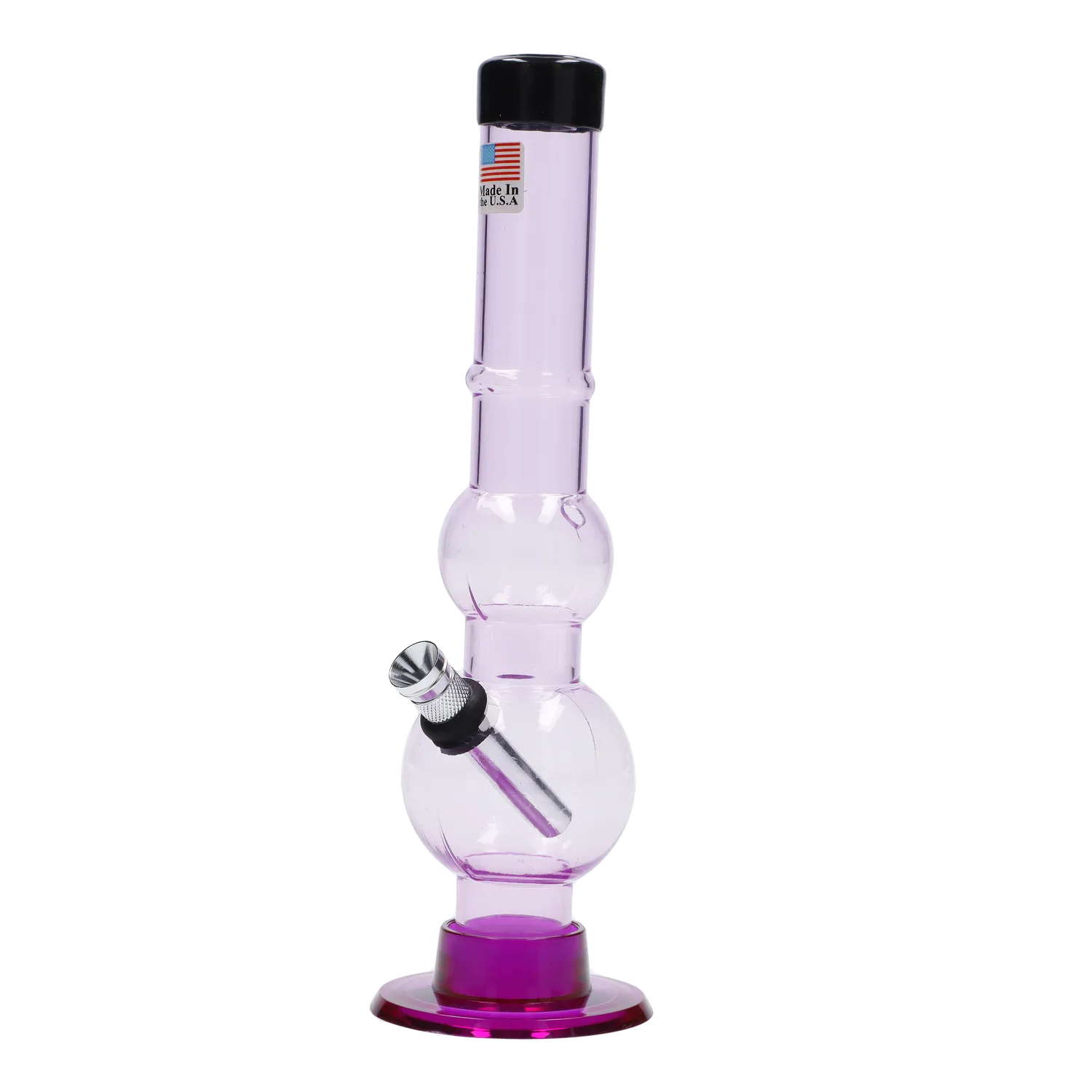 Front view of the 8-inch JM Plastics Double Bubble with Grip and Carb Hole Acrylic Water Pipe, showcasing its purple tinted glass.