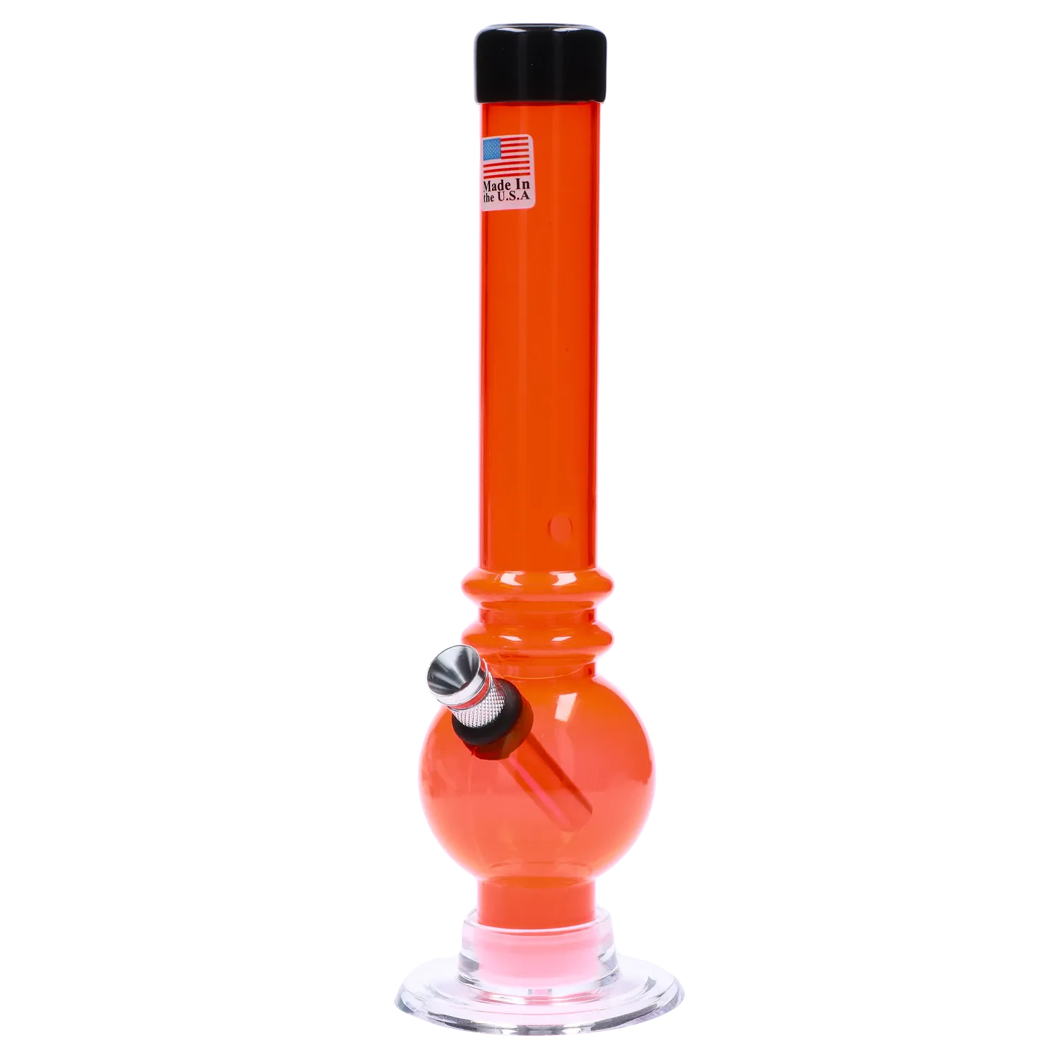 Front view of the 8-inch JM Plastics Bubble Base with Grip and Carb Hole Acrylic Water Pipe, showing its rounded base and clear construction.