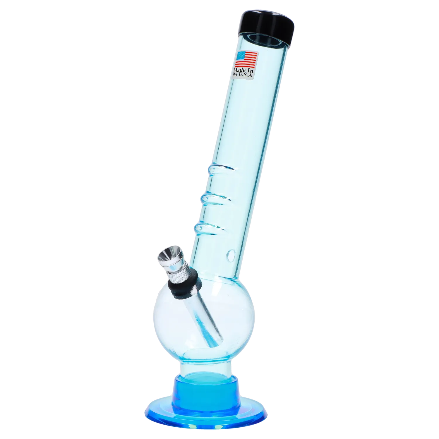 A front view of the 8-inch JM Plastics Bent Neck with Grip and Carb Hole Acrylic Water Pipe, highlighting its clear blue acrylic construction.