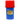 Front view of the Grind & Stash, a blue and red container with a cylindrical shape and a screw-on lid.