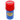Front view of the Atmik Grind & Stash, a blue and red container with a cylindrical shape, showcasing its closed lid.