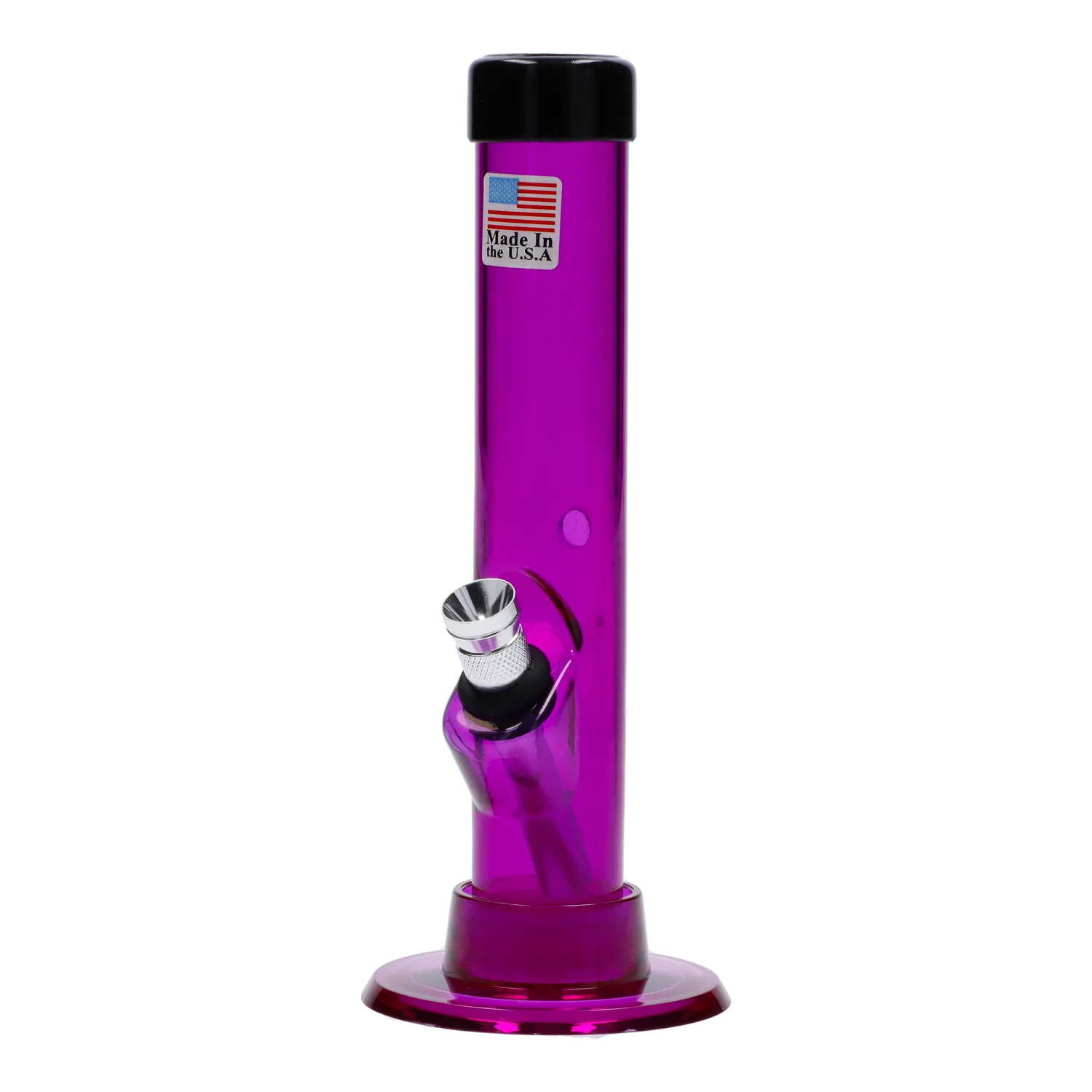 A straight-on view of the 6-inch JM Plastics Mini Matching Straight Tube acrylic water pipe, showcasing its carb hole.