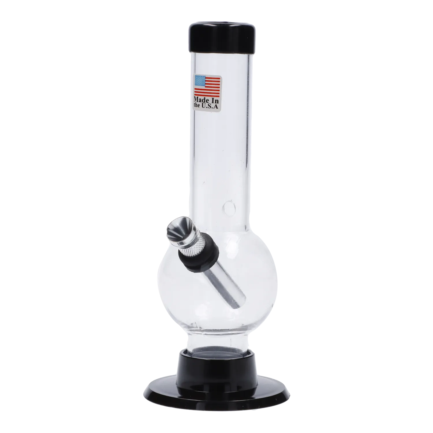 A front view of the JM Plastics Mini Bubble Base with Carb Hole Acrylic Water Pipe, showing the clear acrylic base and carb hole.