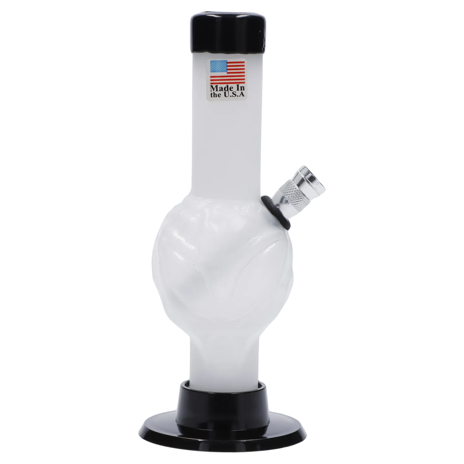 A front view of the 6-inch JM Plastics Mini Alien Base Acrylic Water Pipe, showing its clear acrylic construction and unique base design.