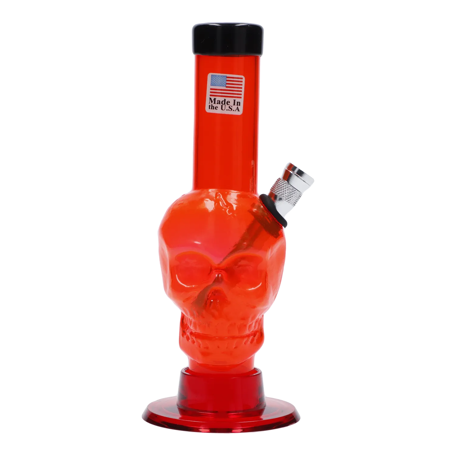 Front view of the JM Plastics Mini Skull Base Acrylic Water Pipe, a 6-inch tall, red skull-shaped base against a plain white background.