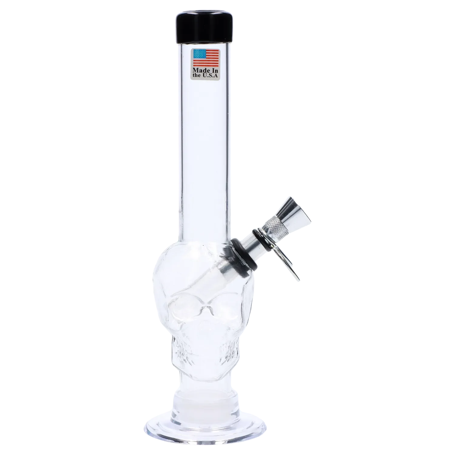 Front view of the 8-inch JM Plastics Skull Base with Pull Slide Acrylic Water Pipe, showcasing its clear, skeletal design.
