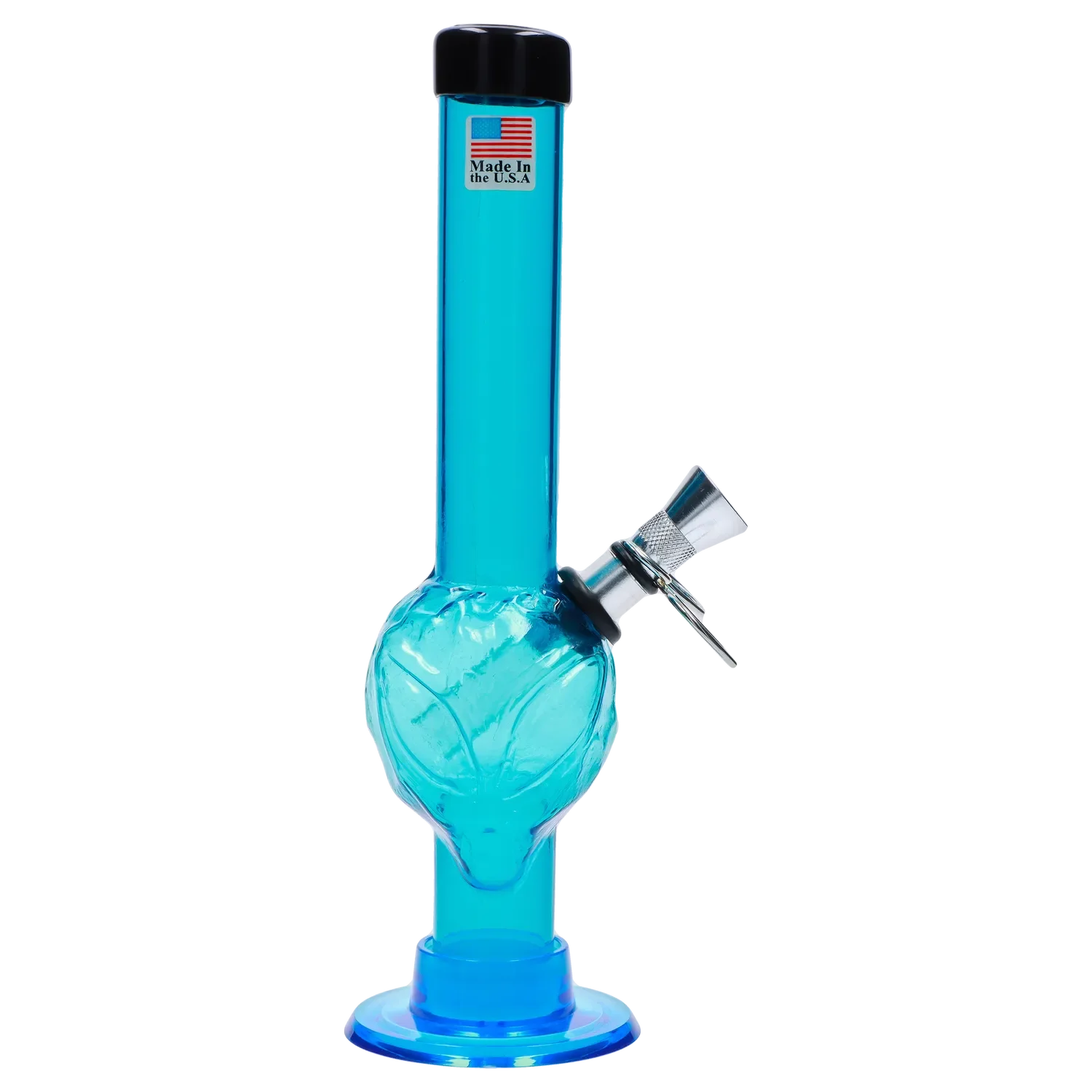 Front view of the 8-inch JM Plastics Alien Base with Pull Slide Acrylic Water Pipe, showcasing its clear construction and unique base design.