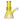 Close-up, front-right view of the DankStop Heavy Iridescent Beaker Bong - 6 in., showing its yellow iridescent glass neck, flared beaker base, and angled clear bowl joint.