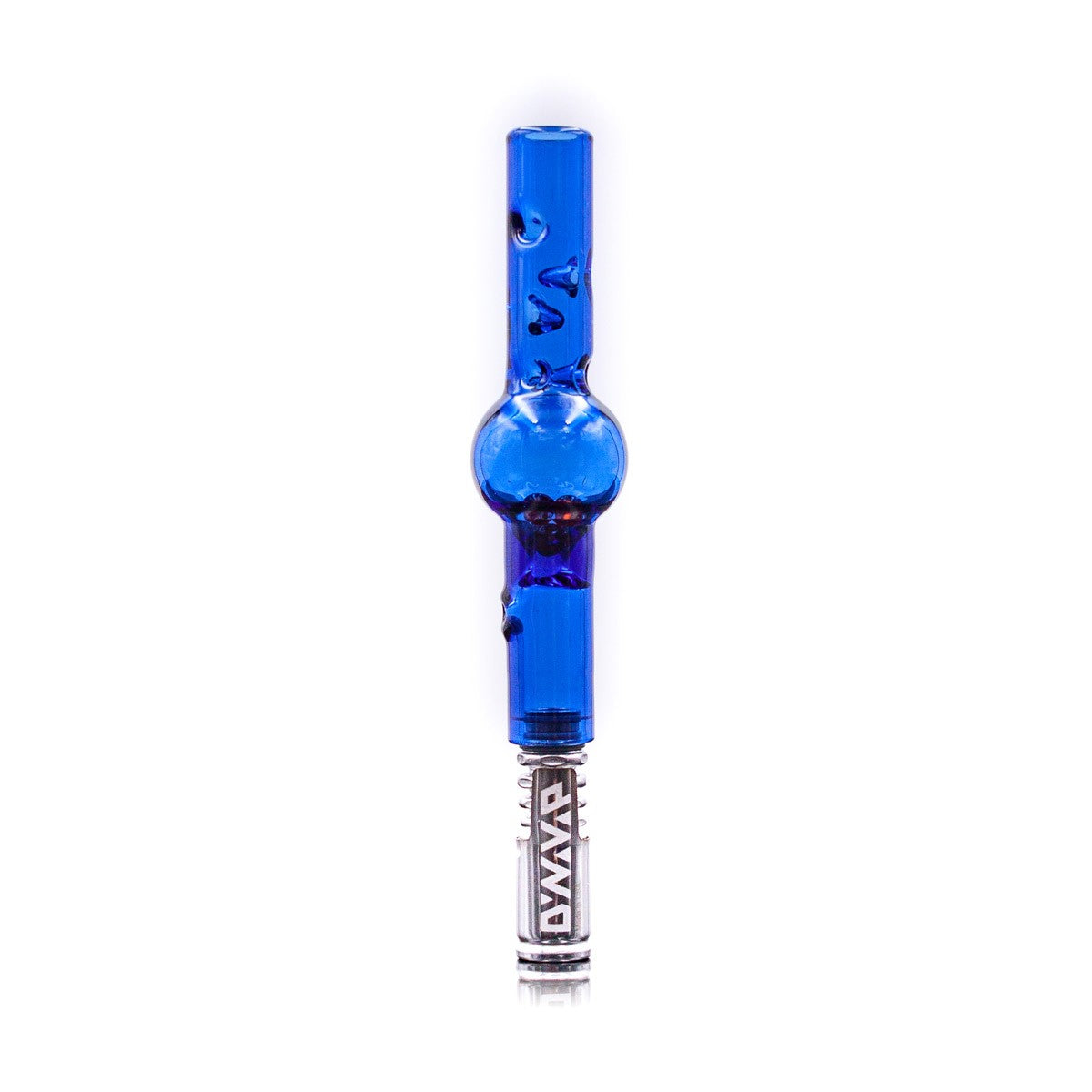 A close-up, angled view of the DynaVap Maraca Glass Cooling Stem, showcasing its clear glass construction.