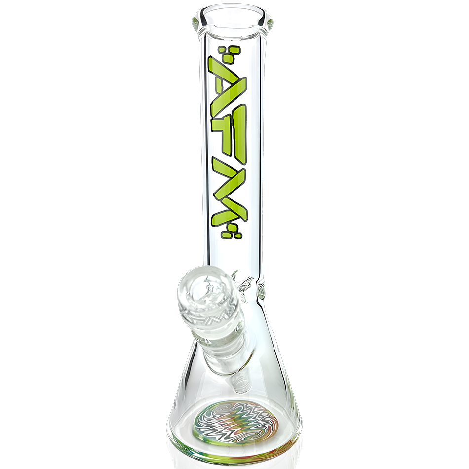 Front view of the 10" Rasta Clear Glass Mini Beaker Bong, highlighting its transparent glass construction and simple beaker shape.