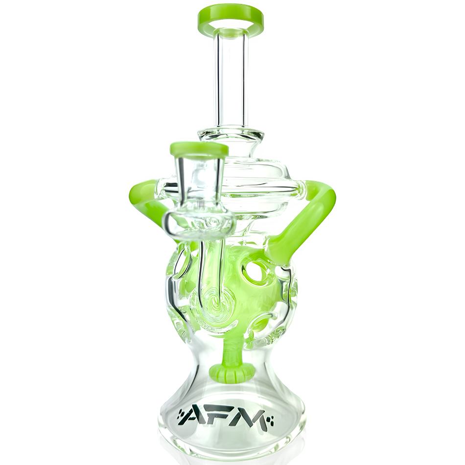 Front view of the Swiss Color Glass Recycler Rig, a light green glass piece with a complex, multi-tiered design.