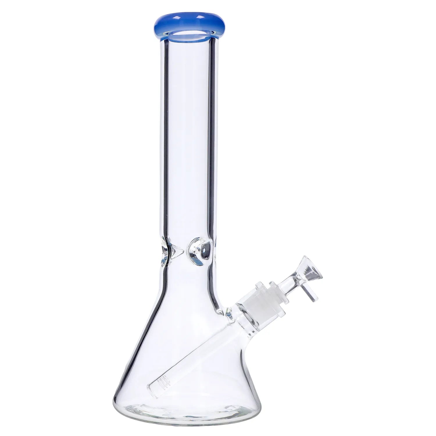 A front view of the 14-inch DankStop Beaker with Color Mouthpiece & Ice Pinch Water Pipe, highlighting its clear glass construction.