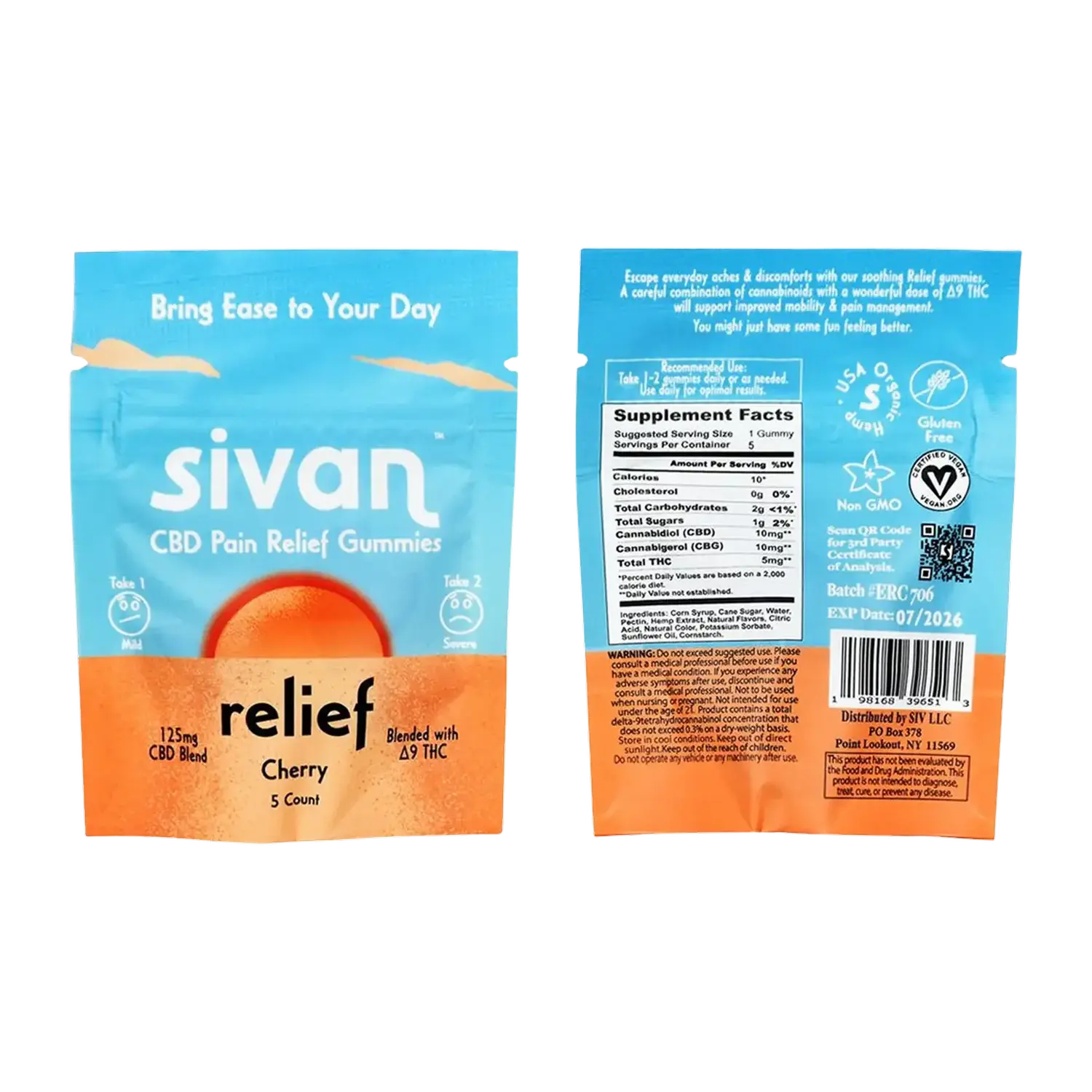 Sivan CBD Blend Gummies | 625mg | 5pc | 10pk Relief | Delta-9 Cherry