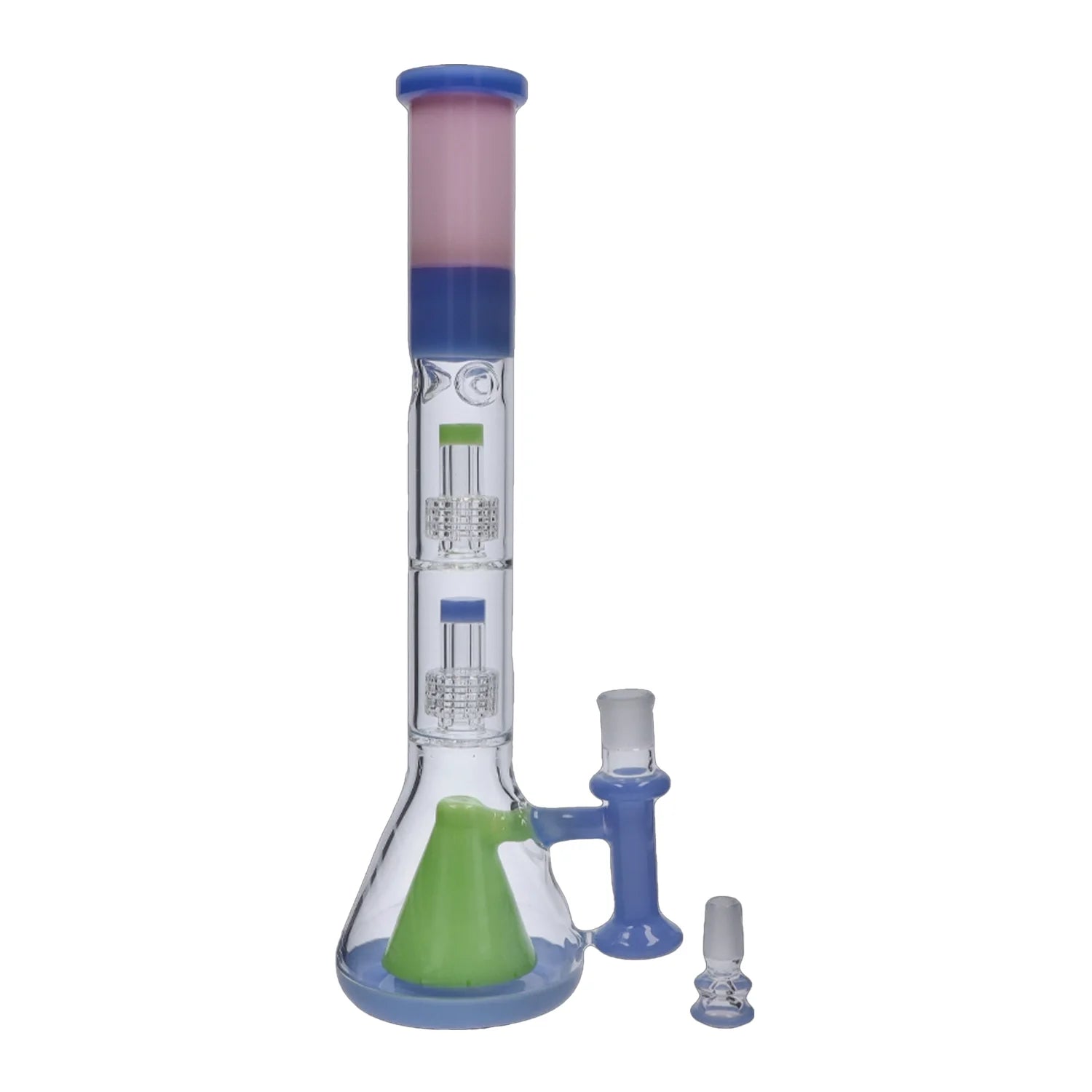 Front view of the 19.7-inch Retro Pastel Beaker with Dual Tree & Pyramid Perc Water Pipe, showcasing its pastel blue glass and beaker shape.