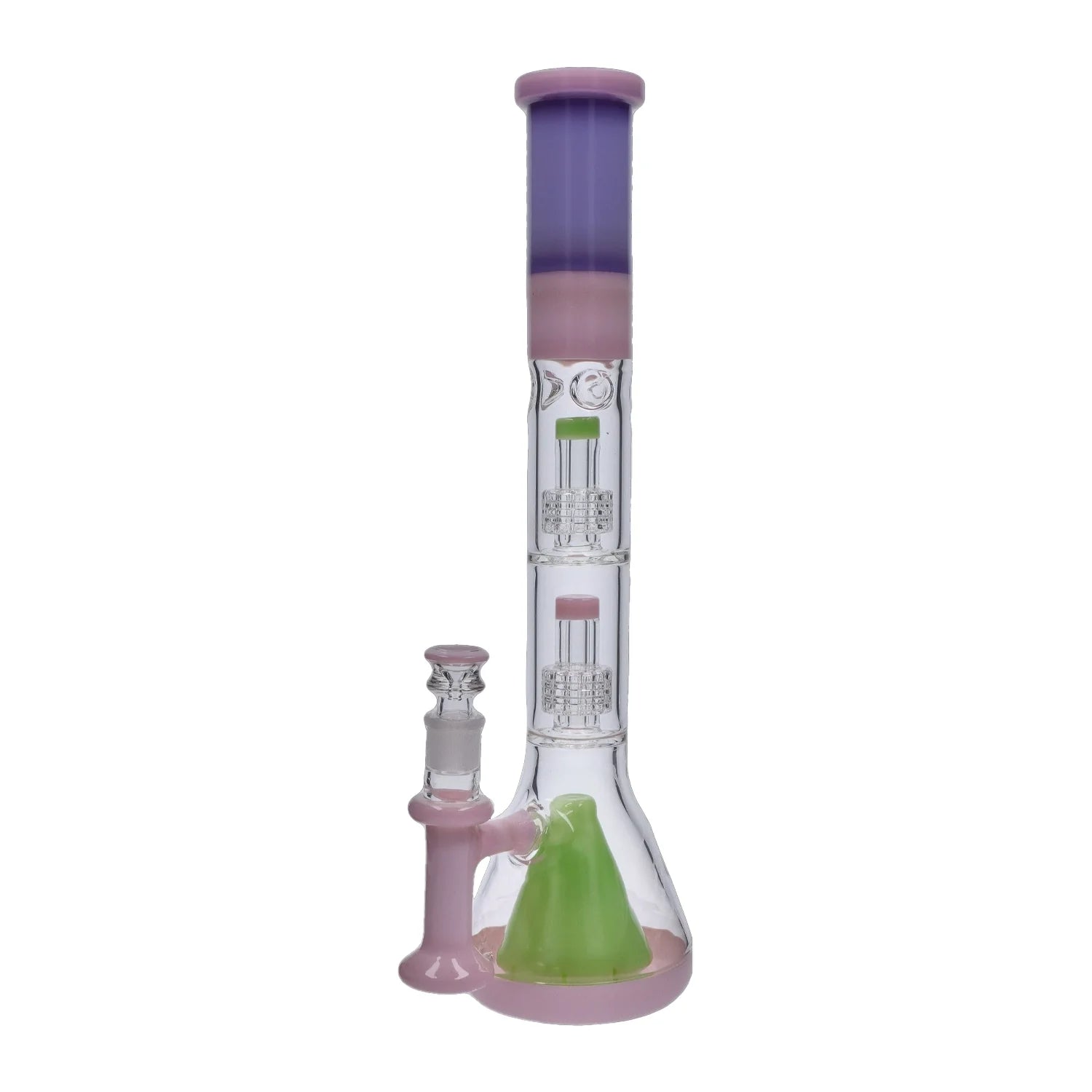 A front view of the 19.7-inch Retro Pastel Beaker with Dual Tree & Pyramid Perc Water Pipe, showcasing its pastel colors and beaker shape.