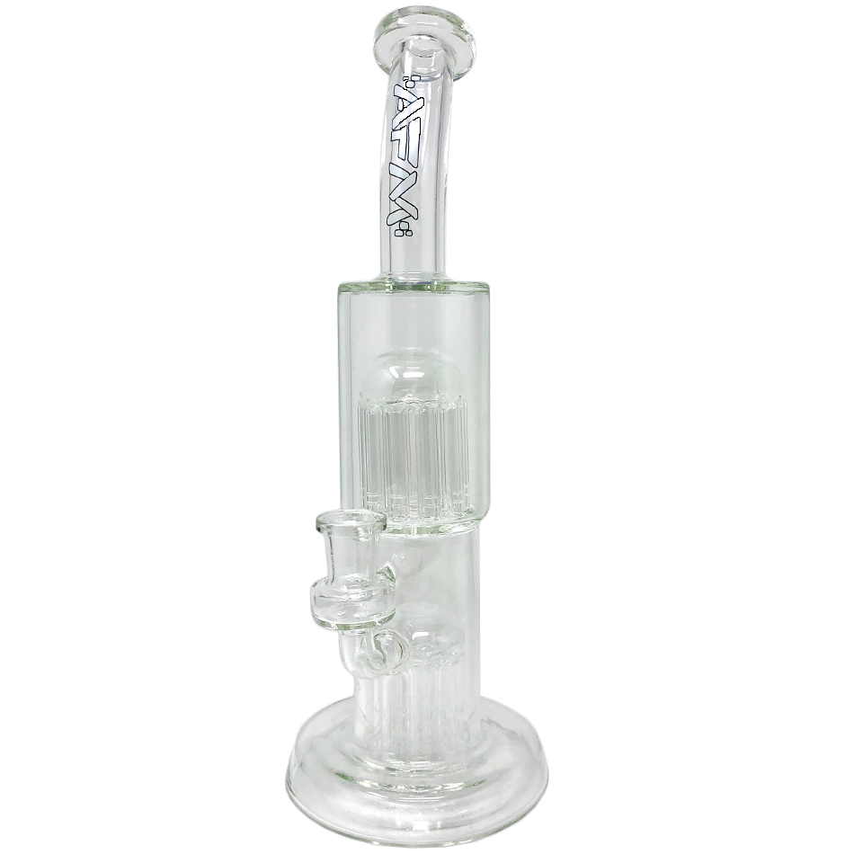 A three-quarter view of the Double Cosmos Clear Glass Rig, showcasing its simple, clear glass construction and cylindrical shape.
