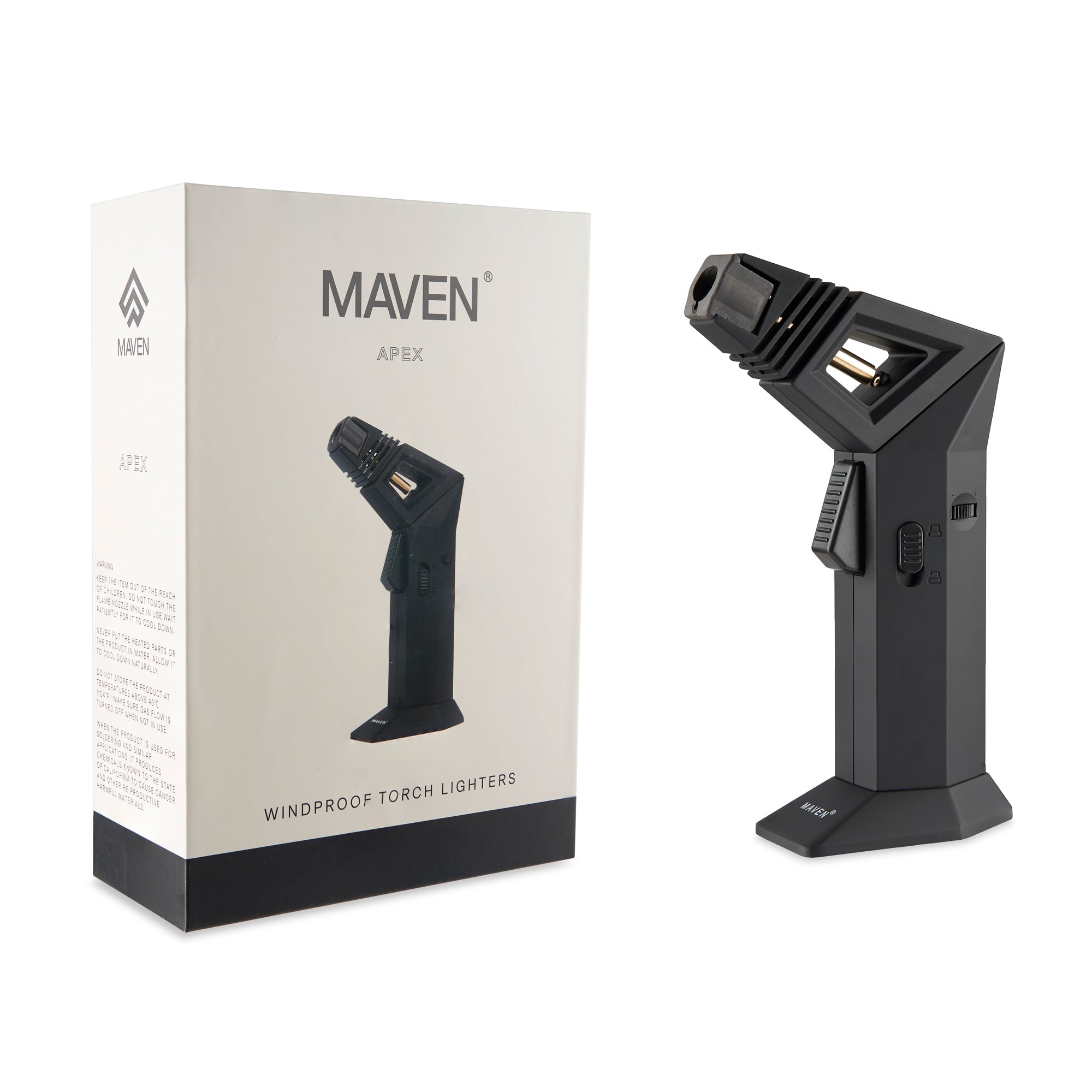 Front view of the Maven Apex Butane Torch Lighter with a sleek, black design and visible control dial.
