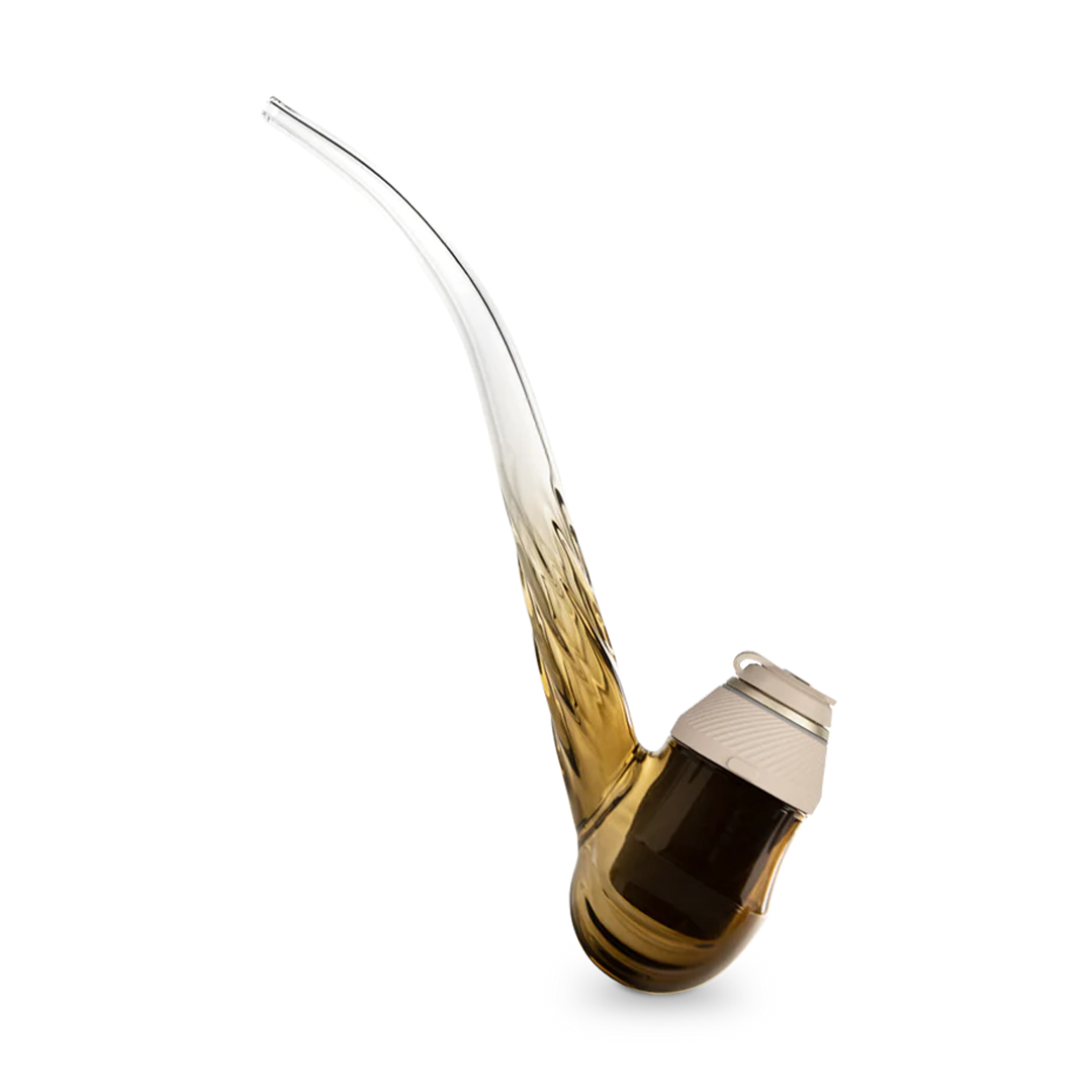 A side view of the Puffco Proxy Wizard Pipe, showcasing its clear glass construction and curved design.