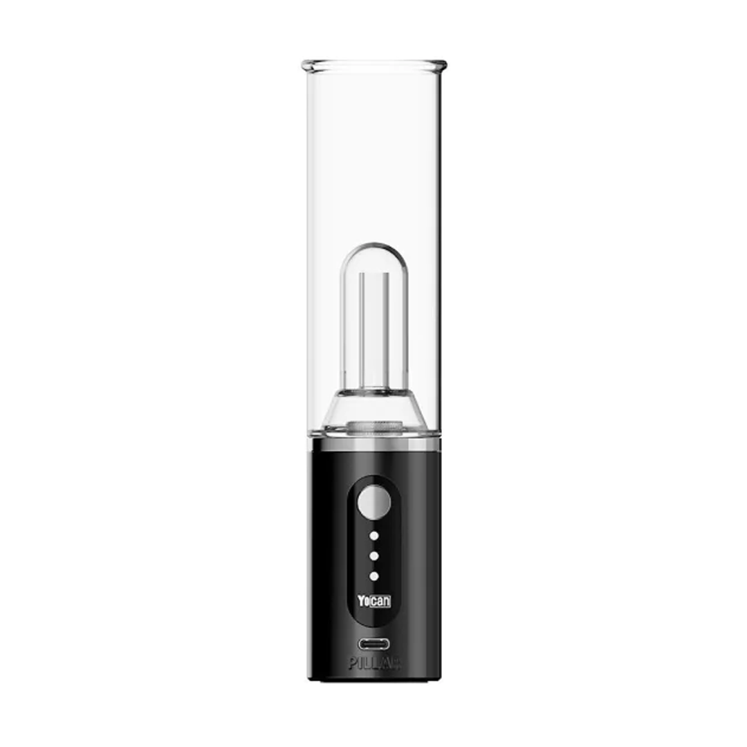 Front view of the Yocan Pillar E-Rig Vaporizer, a sleek, cylindrical device with a metallic finish and a clear glass mouthpiece.