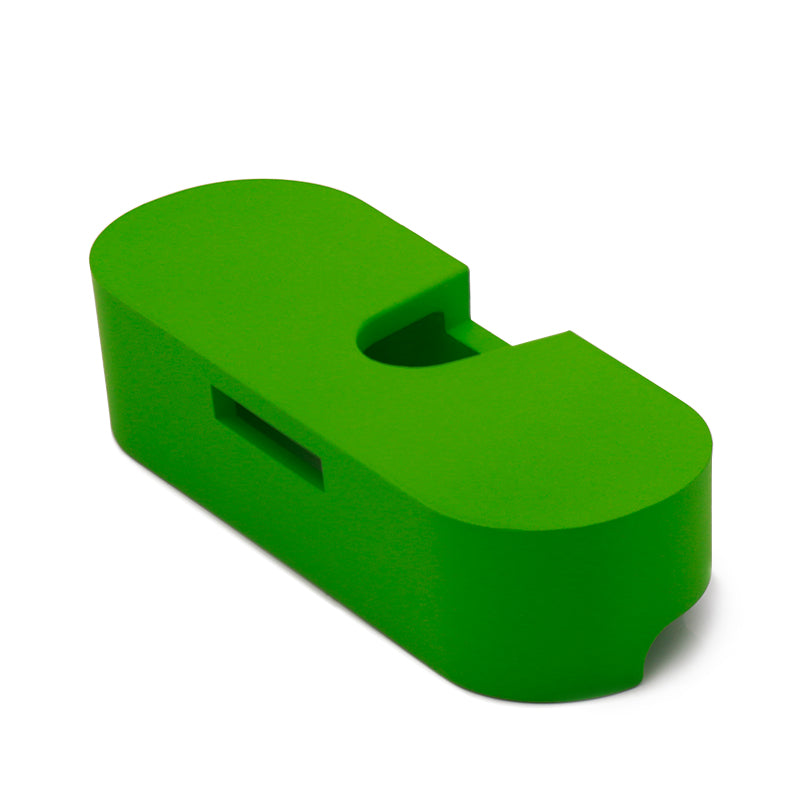 A slightly angled view of the Mighty Vaporizer Upright Stand, a dark-green, minimalist stand on a plain white background.