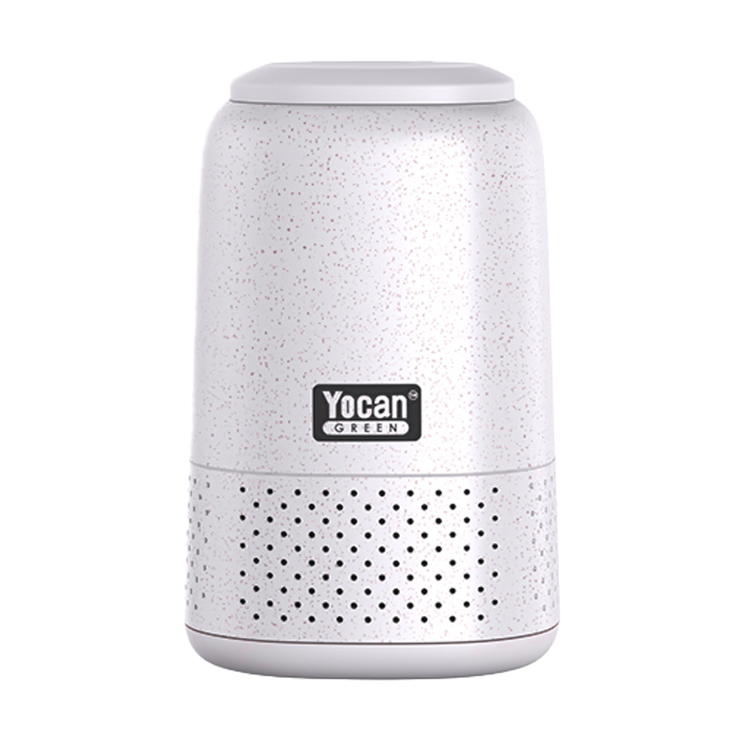 A front view of the Yocan Cloak Air Filter, showcasing its cylindrical shape and white finish.