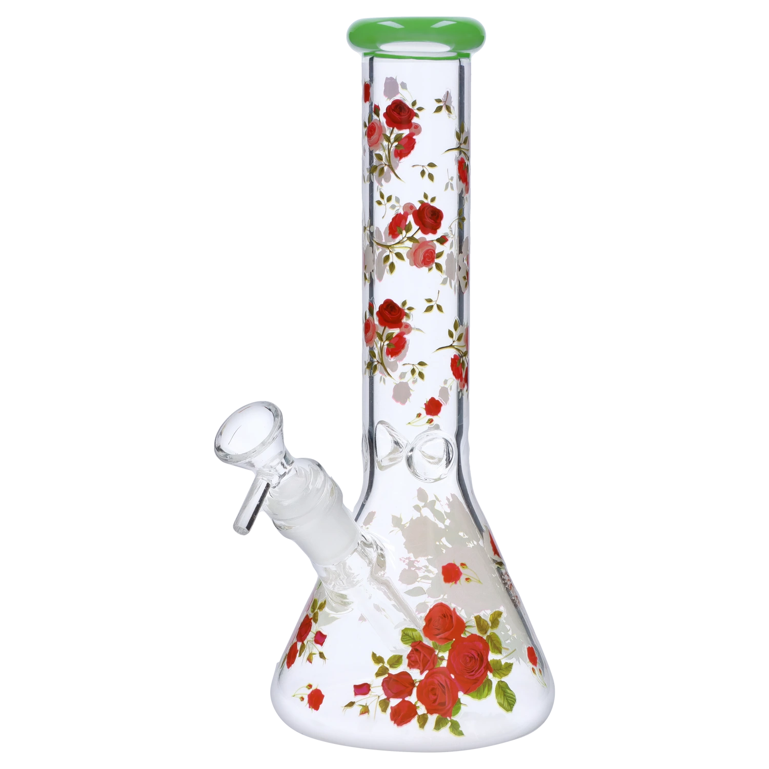 Front view of the 10-inch Flower Decal Water Pipe, showcasing a clear glass beaker with a colorful floral decal design.