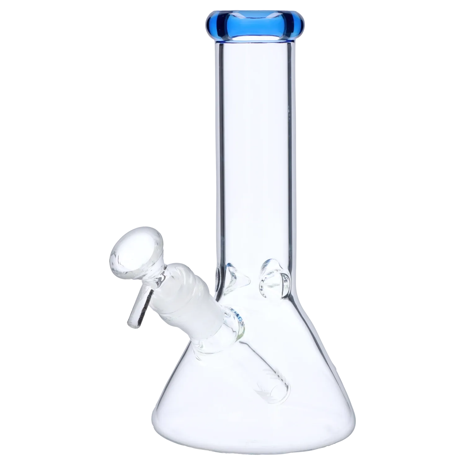 Front view of the 8-inch 4mm Beaker with Colored Mouthpiece, showcasing the clear glass construction and blue mouthpiece detail.