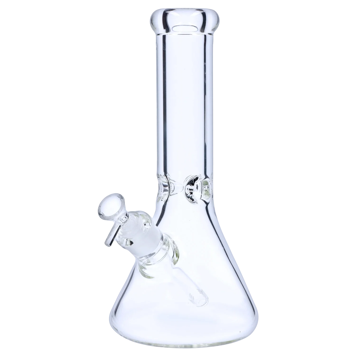 A front view of the 12-inch 9mm Beaker with Ice Pinch, showcasing its clear glass construction and simple beaker shape.