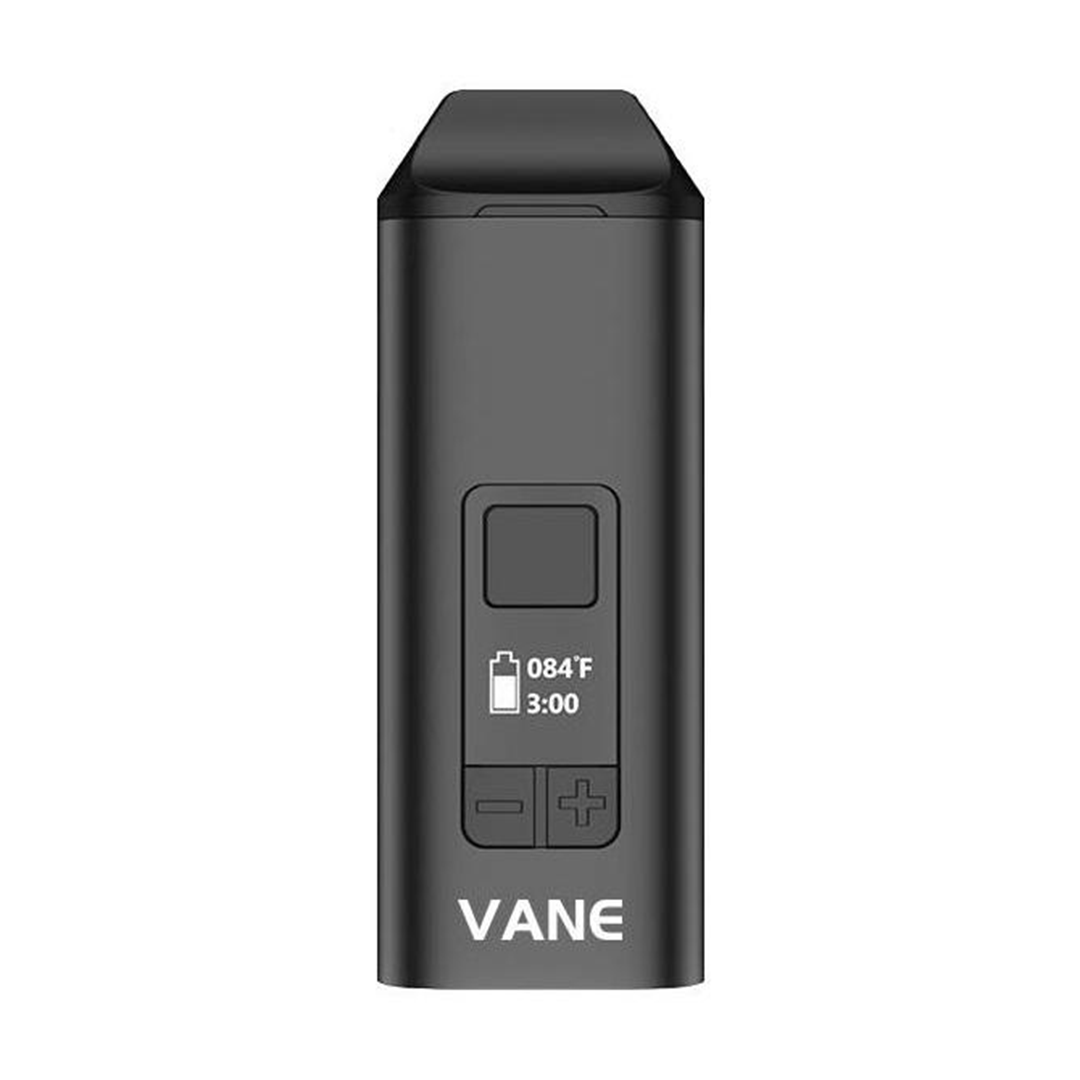 Front view of the Yocan Vane Portable Vaporizer, displaying a sleek, black rectangular design with a digital screen.