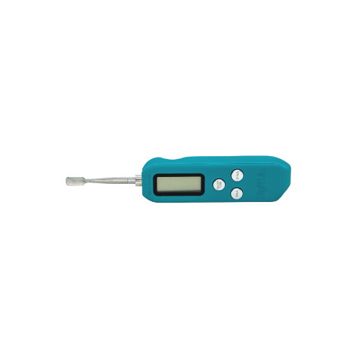 Front view of the DigiTül, a teal-colored device with a digital display and a narrow, metallic tip.