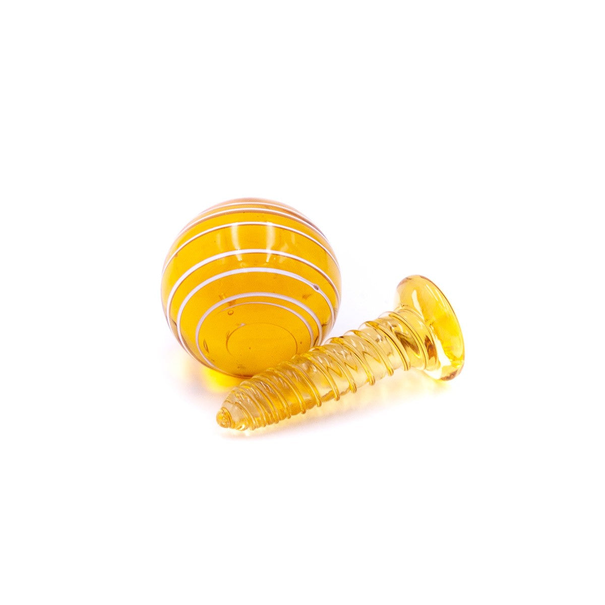 A close-up, angled view of the Glass Terp Screw and Marble Slurper Cap Set, showcasing its clear glass construction.