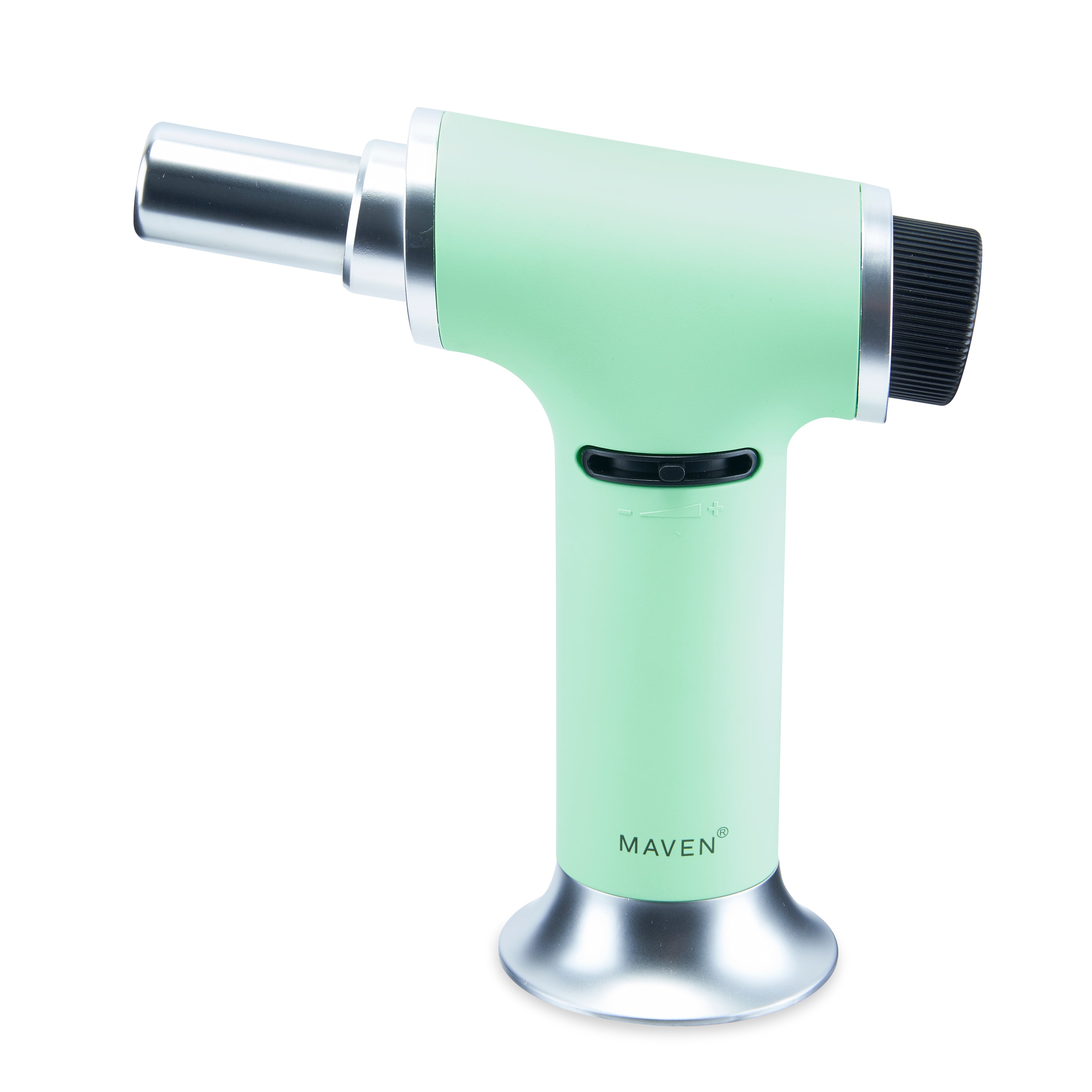 Front view of the Turbo Butane Torch Lighter with a silver metallic body and black grip, angled slightly upward.