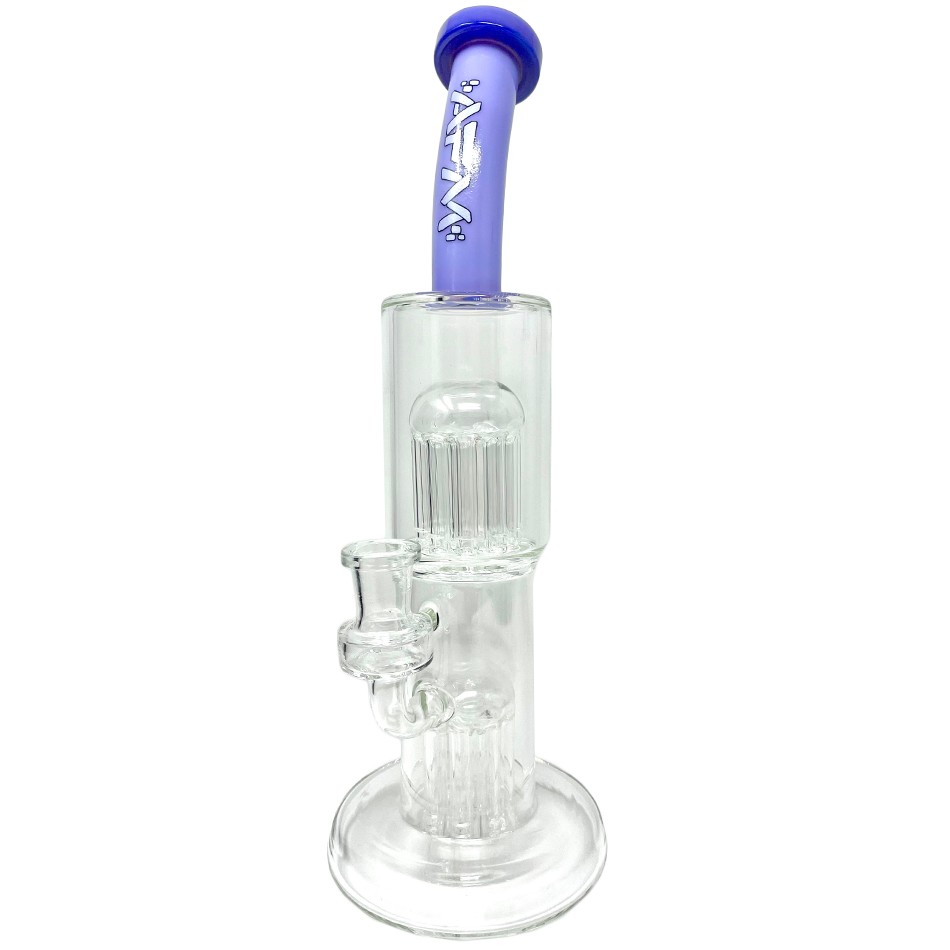 A clear glass Double Cosmos Rig is displayed in a front view, with a minimalist design and visible joint details.
