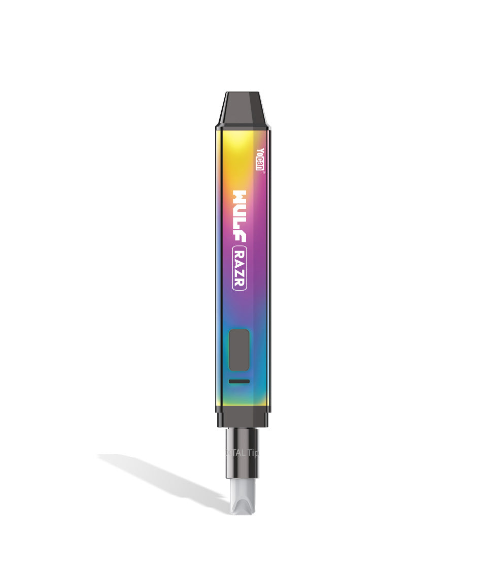 A close-up, angled view of the Yocan RAZR Nectar Collector and Hot Knife, showcasing its sleek, silver metallic finish.