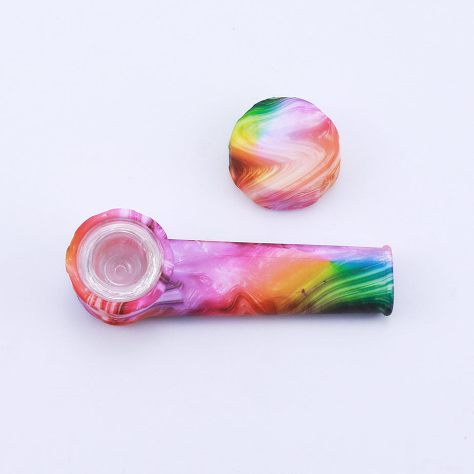 A top-down view of the Silicone Hand Pipe, showcasing its colorful, curved design against a plain white background.
