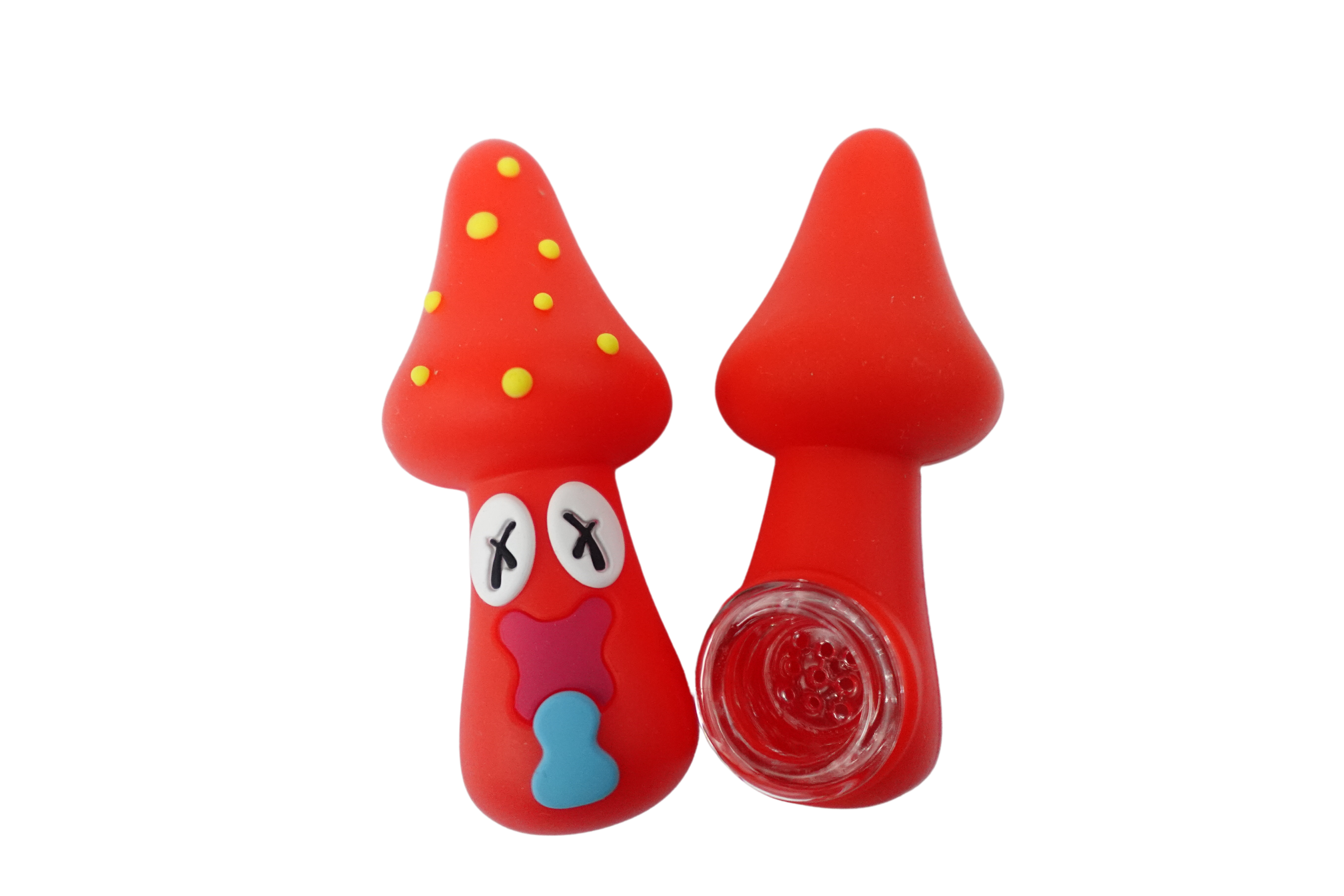 A front view of the Silicone Intoxicated Mushroom Hand Pipe, showcasing its red, mushroom-shaped design with a visible bowl.