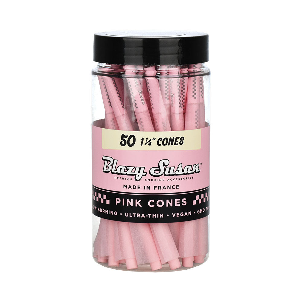 A jar filled with Pink Pre-Rolled Cones, viewed from a slight angle with the label clearly visible on the glass.
