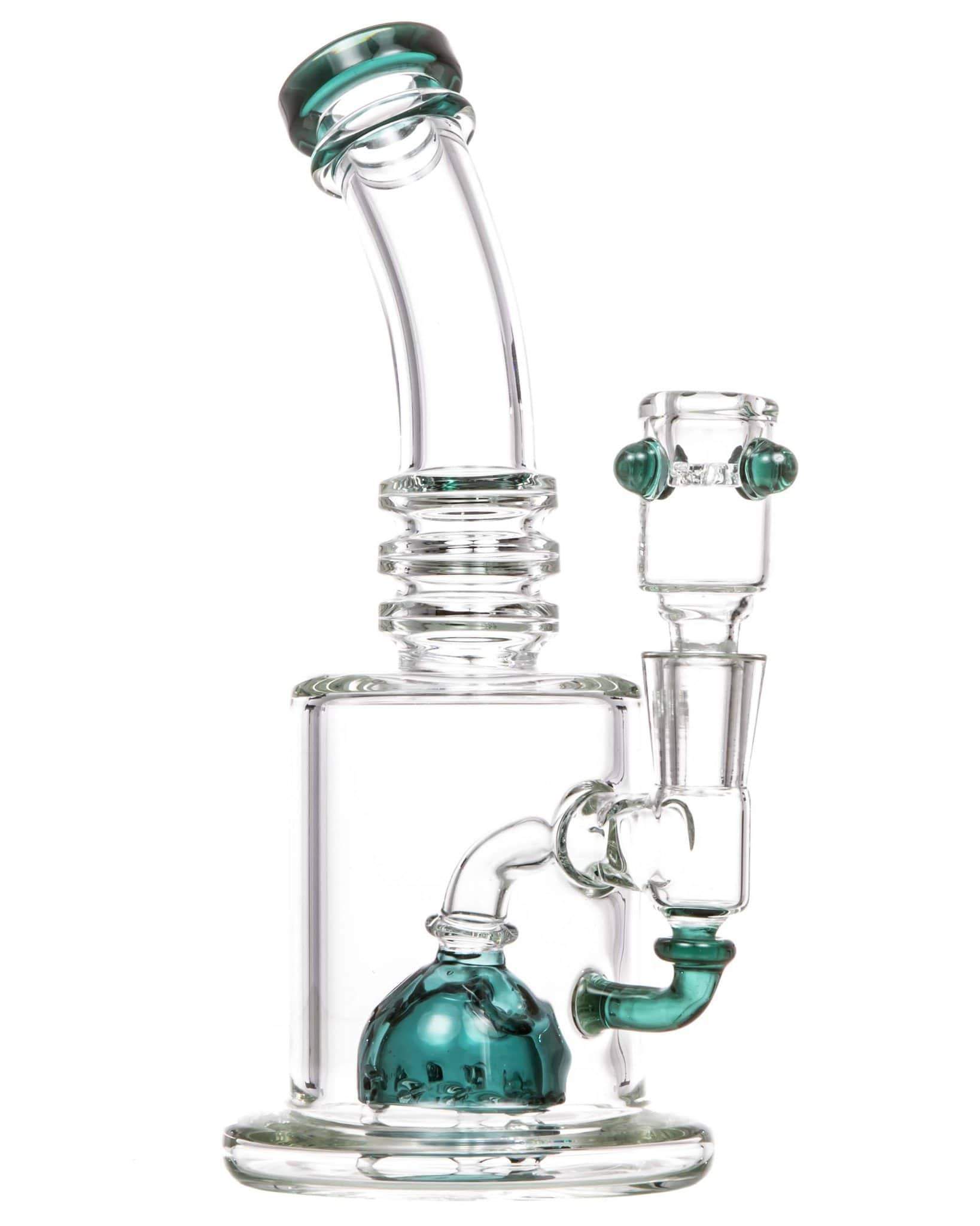 45 degree view of half fab egg teal bong