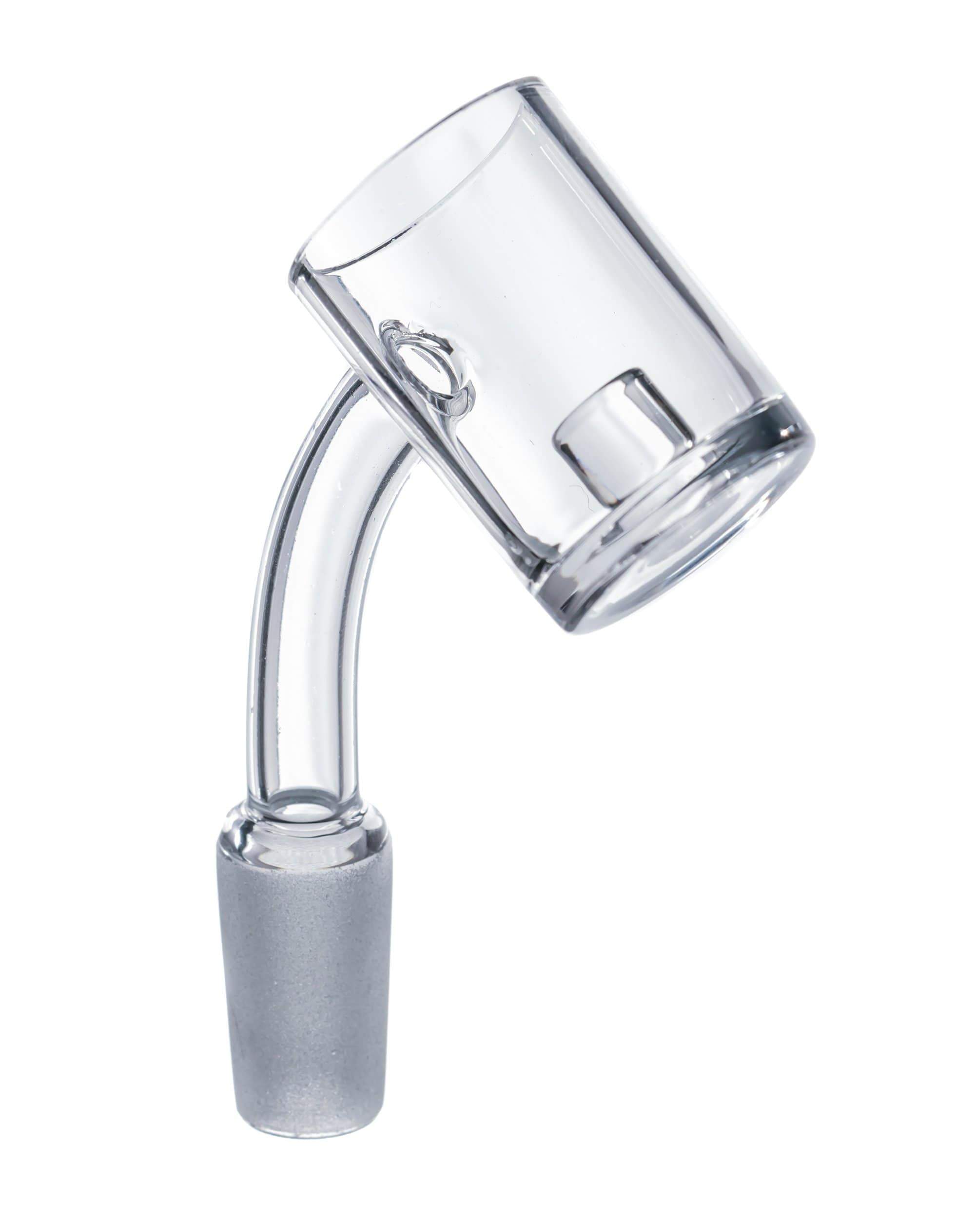 A detailed side view of the Quartz Core Reactor Banger Nail, showcasing its clear glass construction and angled design.