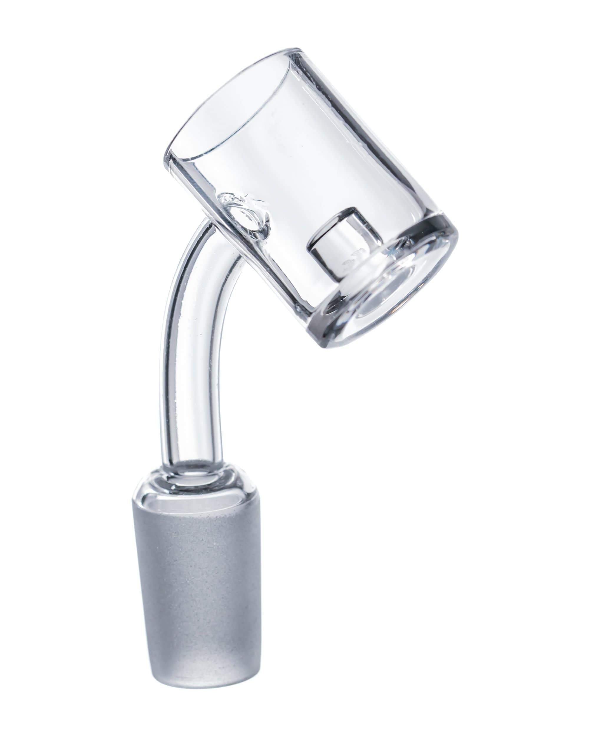 A close-up, angled view of the Quartz Core Reactor Banger Nail, showcasing its clear glass construction and bowl shape.
